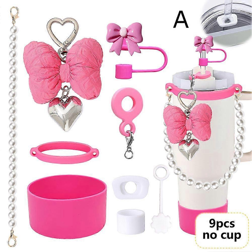 Straw Cap 9pcs/set for StanleyCup Decor Colorful Flower Plush Ball Pendant