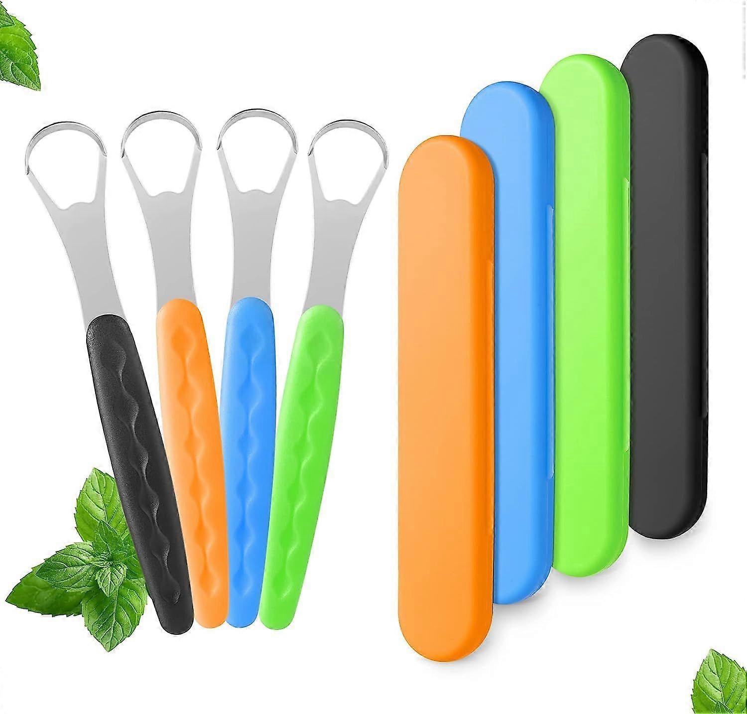 Pack of 4 Tongue Brushes, Tongue Scraper Stainless Steel with Mini Storage Case, Tongue Cleaner to Prevent Bad Breath & Keep Mouth Fresh