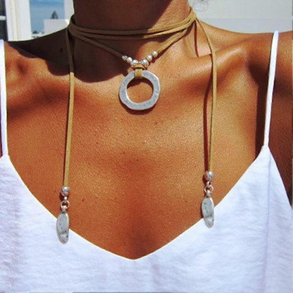 Dam Damer Boho Halsband Mocka Läder Lång Tröja Choker Halsband Smycken