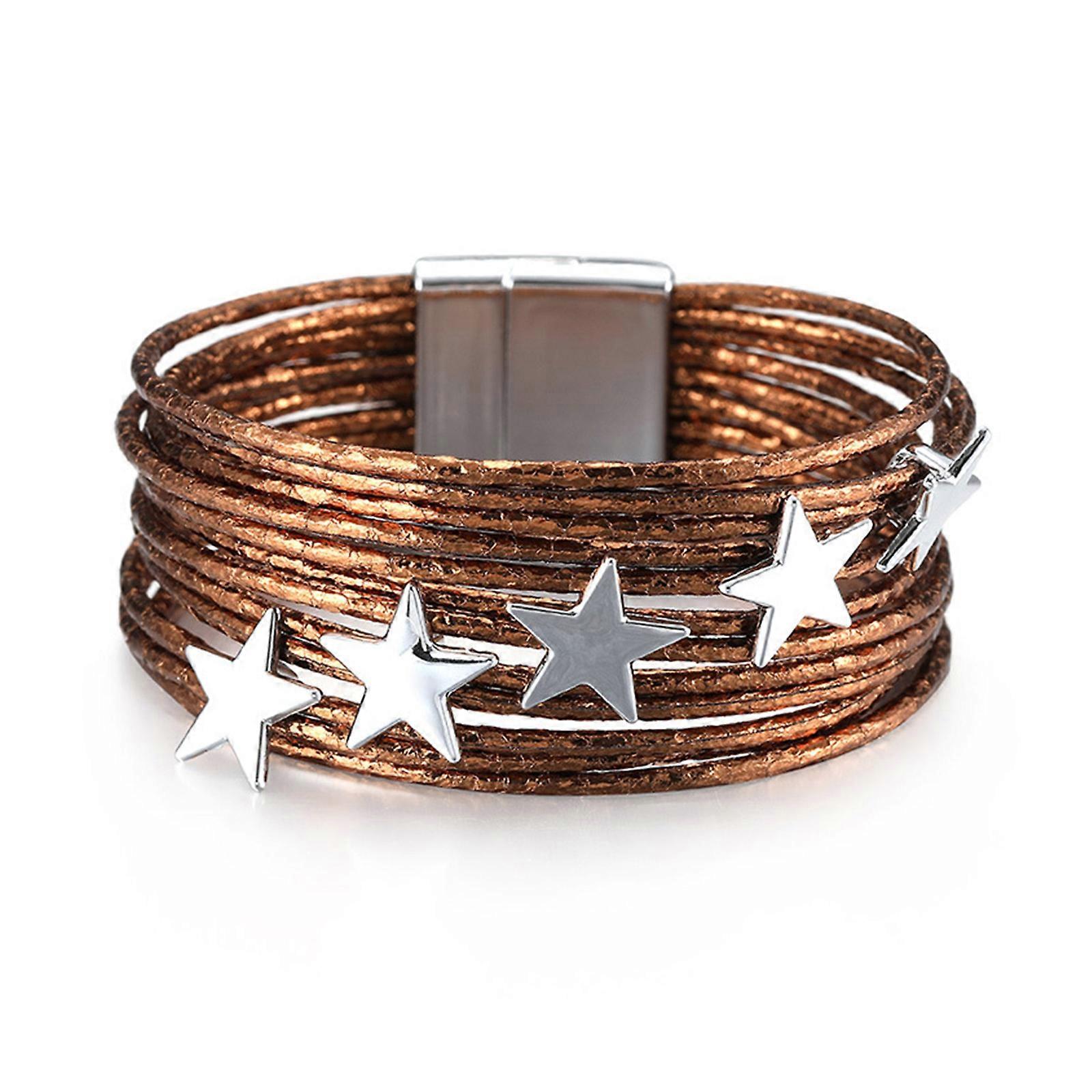 Subculture Leathers Multi-layer Bracelets Simple Retro Five-Pointed Star Bracelets All-Matched Magnetic Buckle Bangles coffee color