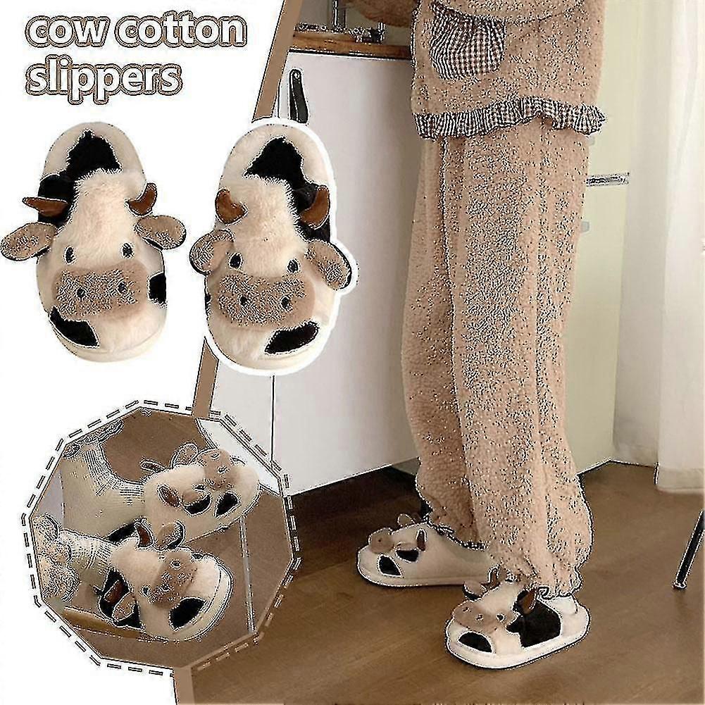 Fuzzy Cow Tofflor Söta Varma Tofflor Mysiga Bomullsskor Djurformade Slip-on