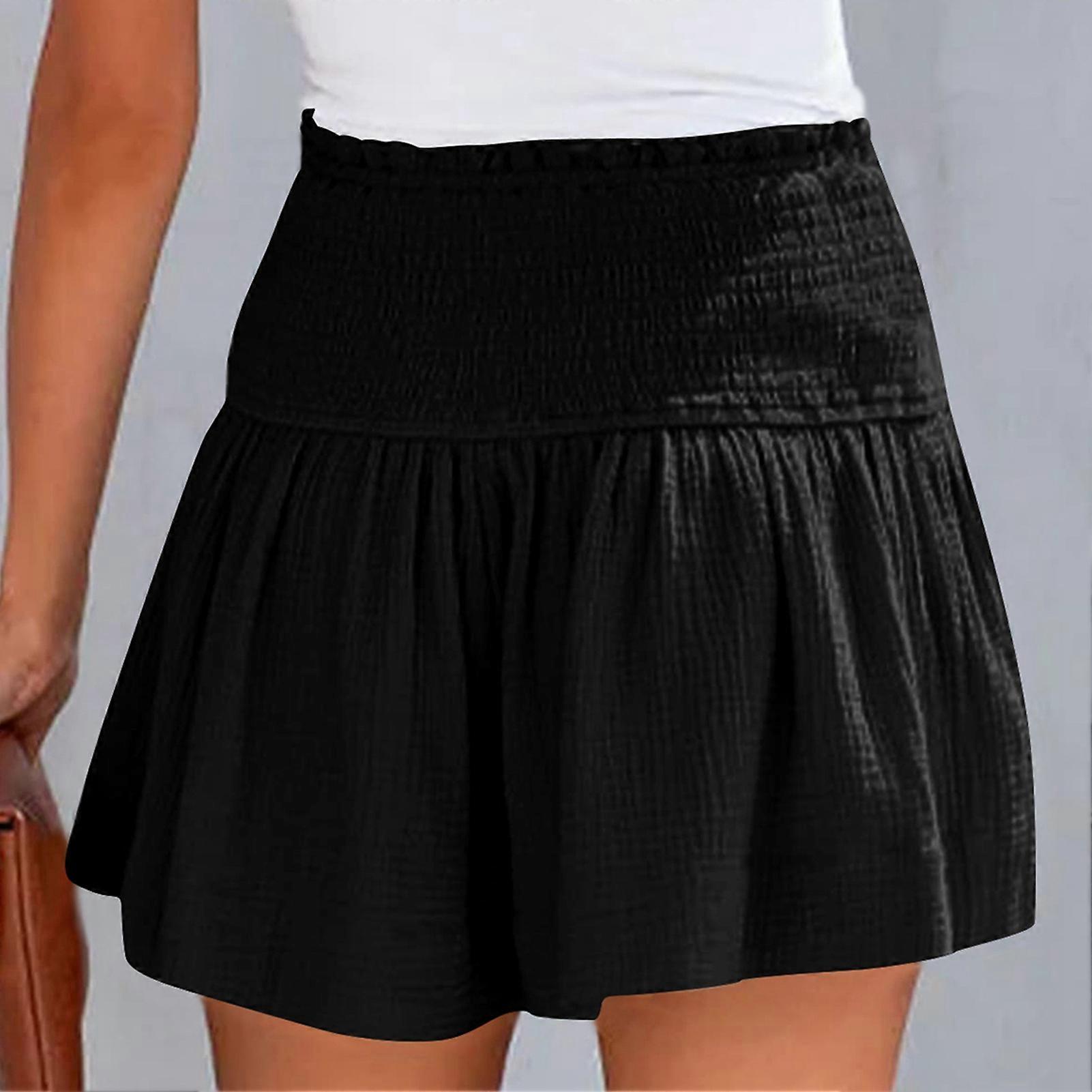 Shirred Shorts Plain Color Cotton High Elastic Waisted Pleated Ruffle Flowy Casual Shorts Black XL
