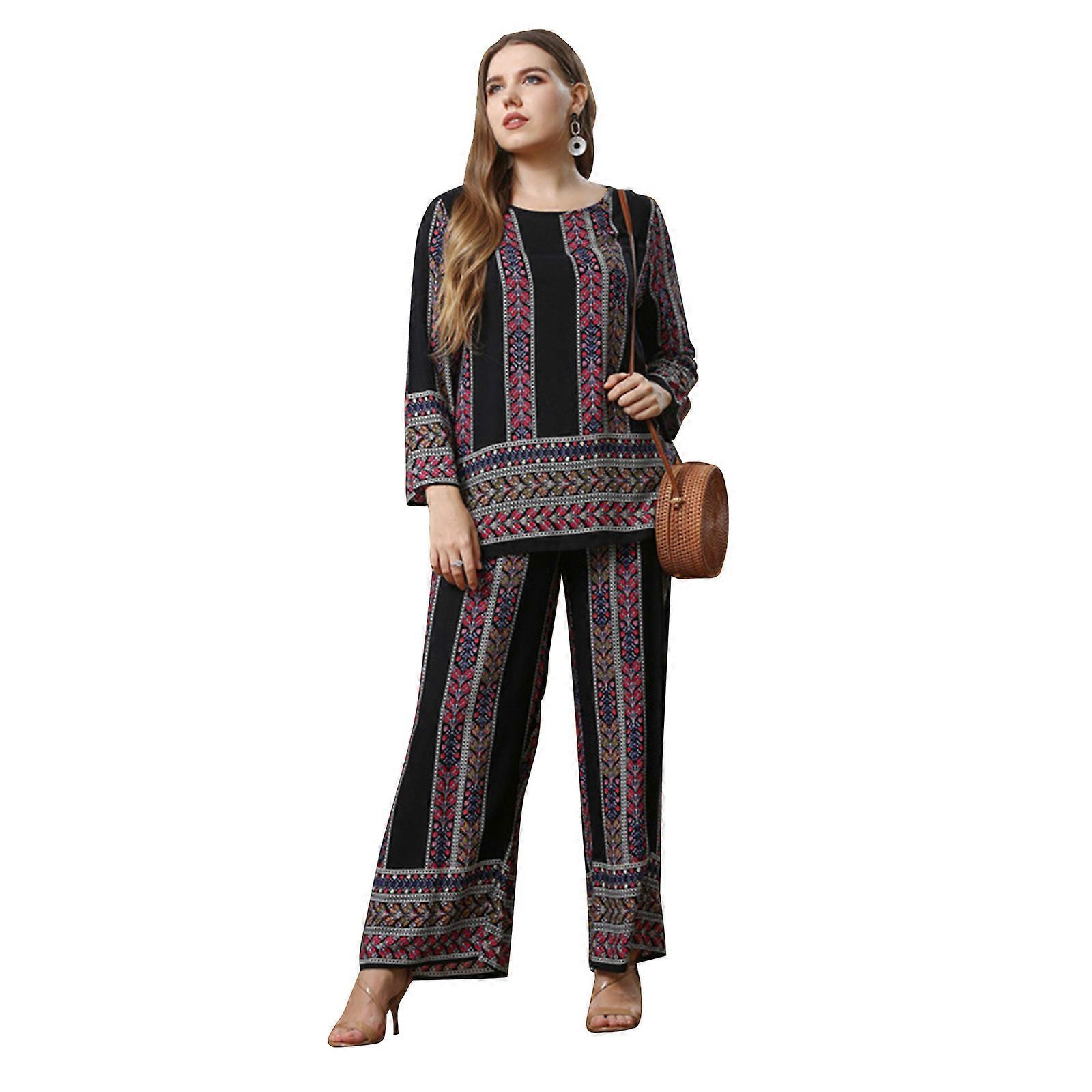 Dam Plusstorlek 2-delat pyjamasset Etnisk Vintage Geometrisk Randig Mönster Långärmad Nattkläder Loungekläder Nattkläder Svart XL