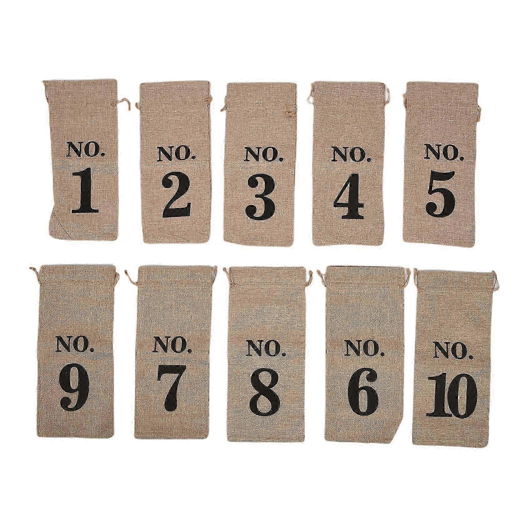 10Pcs Wine Bags, 14 x 6 1/4 Inches Hessian Numbered Wine Bottle Gift Bags with Drawstring for Blind