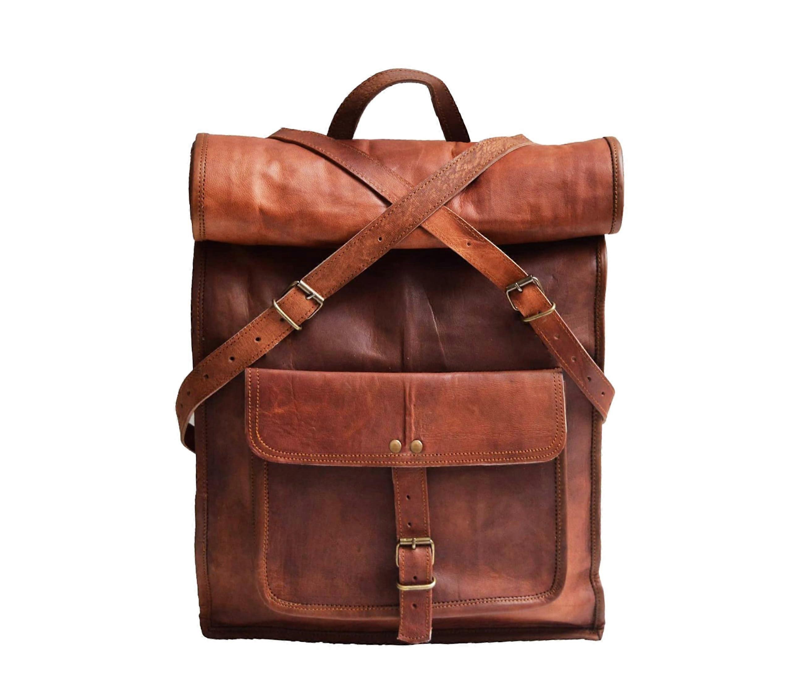 Brown Leather Vintage Backpack 23" Large Travel Bag, Comfortable Design for Men and Women