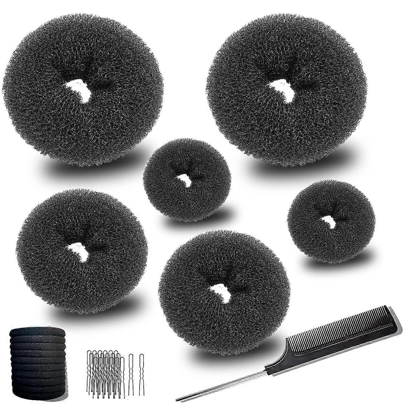Donut Maker Set 37-Piece With 2 Large 2 Medium 2 Small Bun Forms 10 Elastic Bands 20 Bobby Pins 1 Black Comb