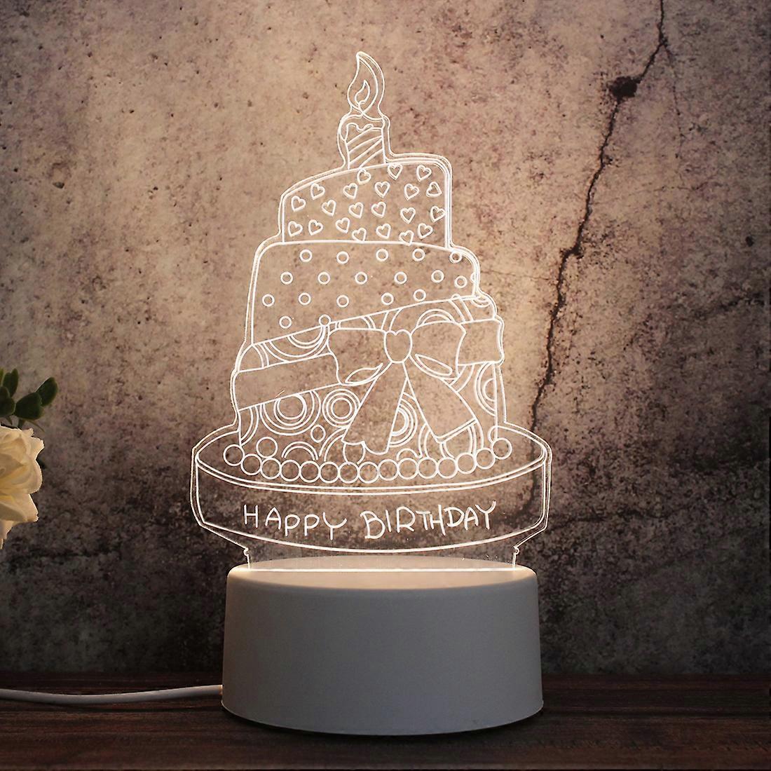 White Base Creative 3D Tricolor LED Decorative Night Light, Button Plug Version Birthday Cake