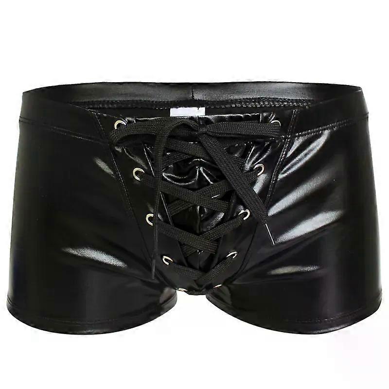 Yizyif Sexy Men Boxer Short Fetish Underwear Panties Shiny Patent Leather Exotic Drawstring Metallic Boxer Shorts Swimwear Beach