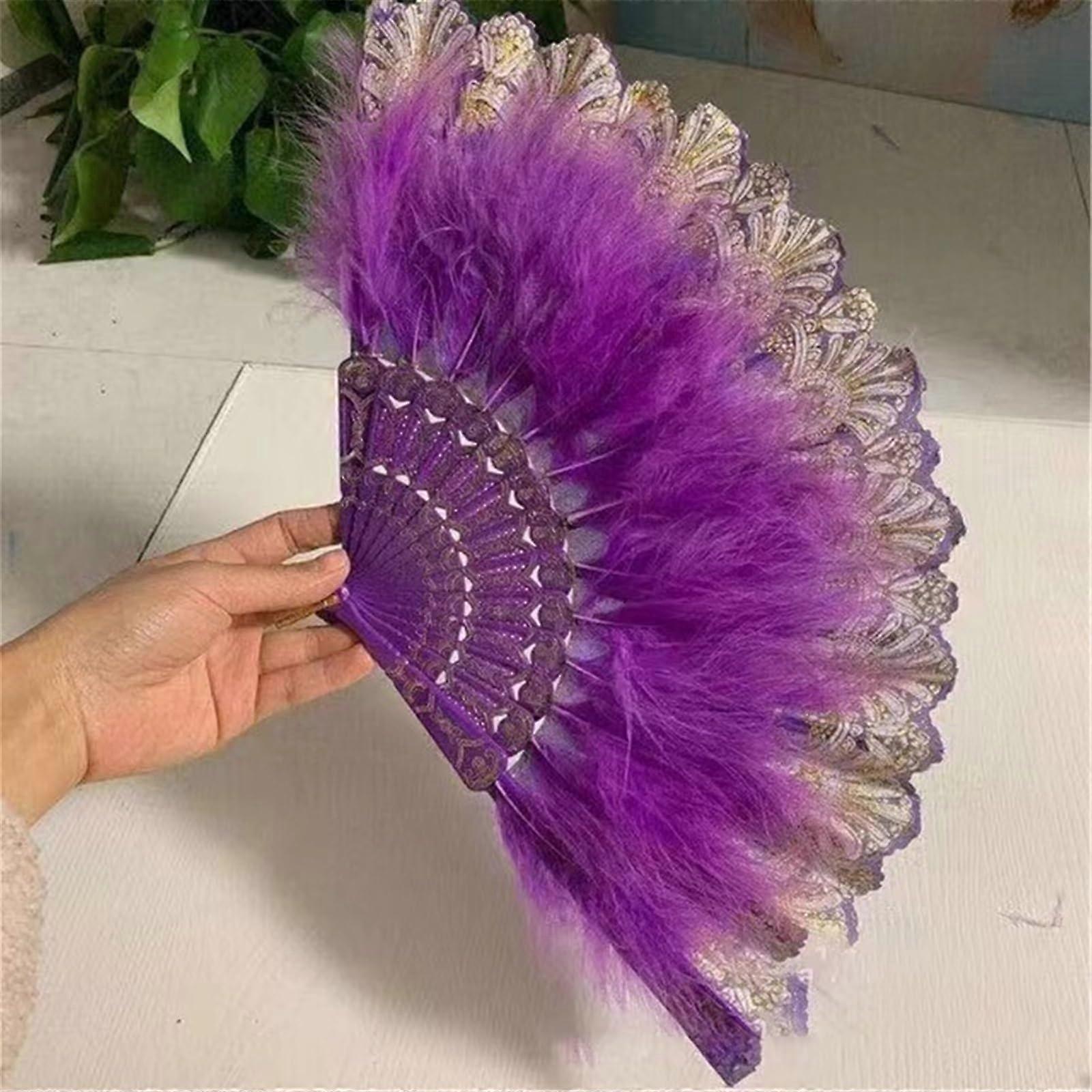 Folding Fan Purple Velvet Feather Dance Performance Prop 10 Color Hand Held Cheongsam Decorative Accessory Size W