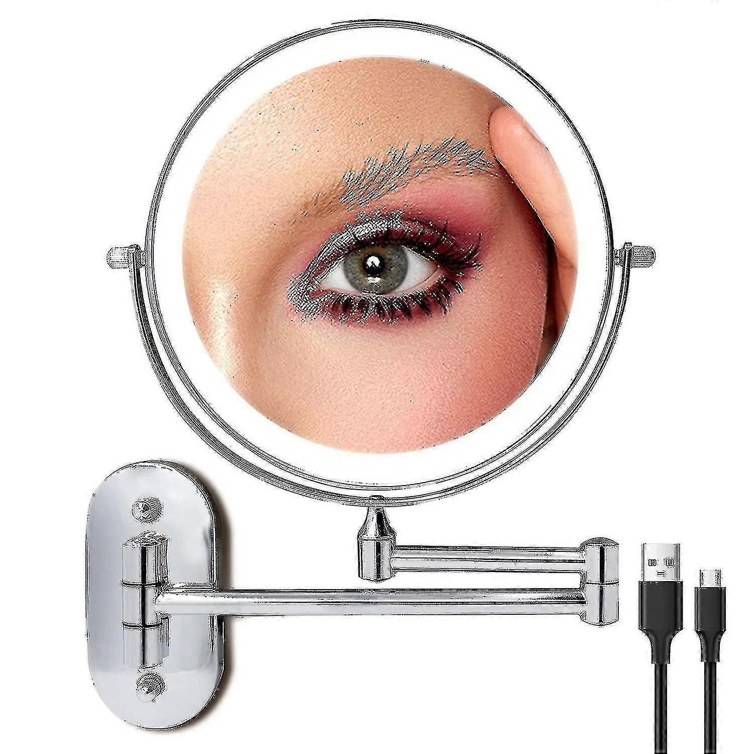 Rechargeable Lighted Makeup Mirror Wall Mount, Extendable Double Sided Vanity Mirror With 10x Magnif