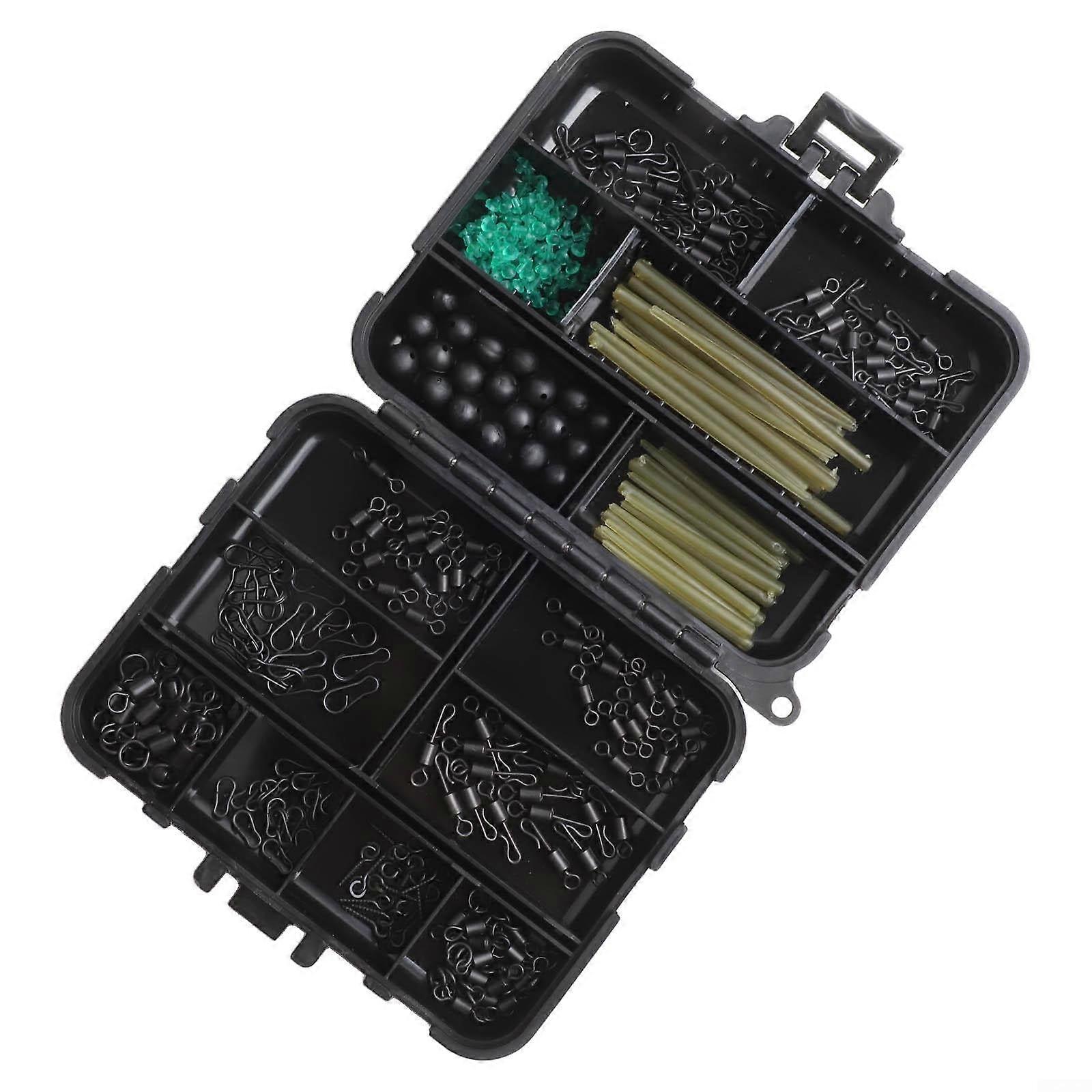 301piece carp fishing accessory set made of stainless steel and rubberhooks, beads, clips and swivels for effective rig setup.