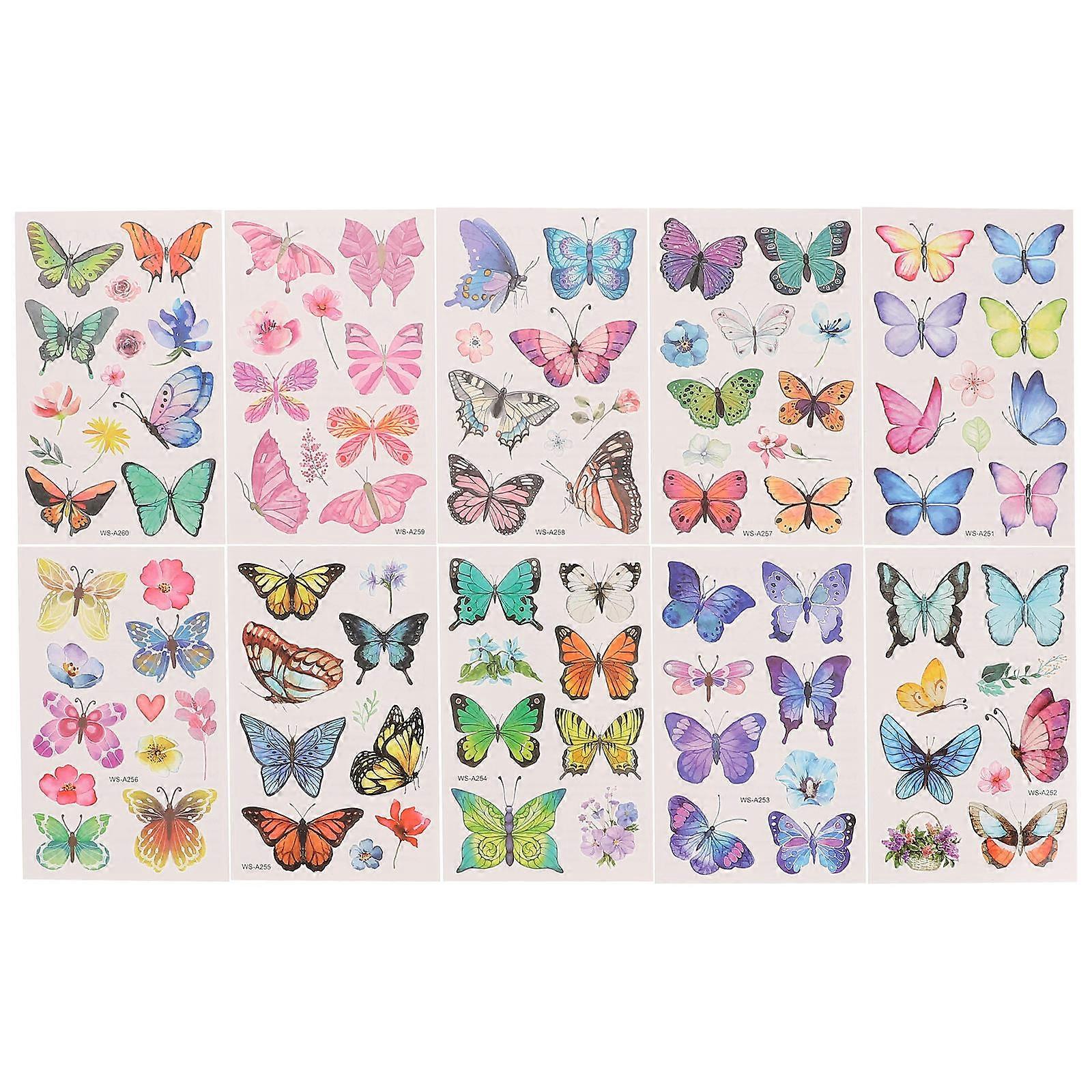 Transparent Butterfly Stickers Body Decal Temporary Tattoo Waterproof Assorted Color for Daily Dress 10 Sheets per Set