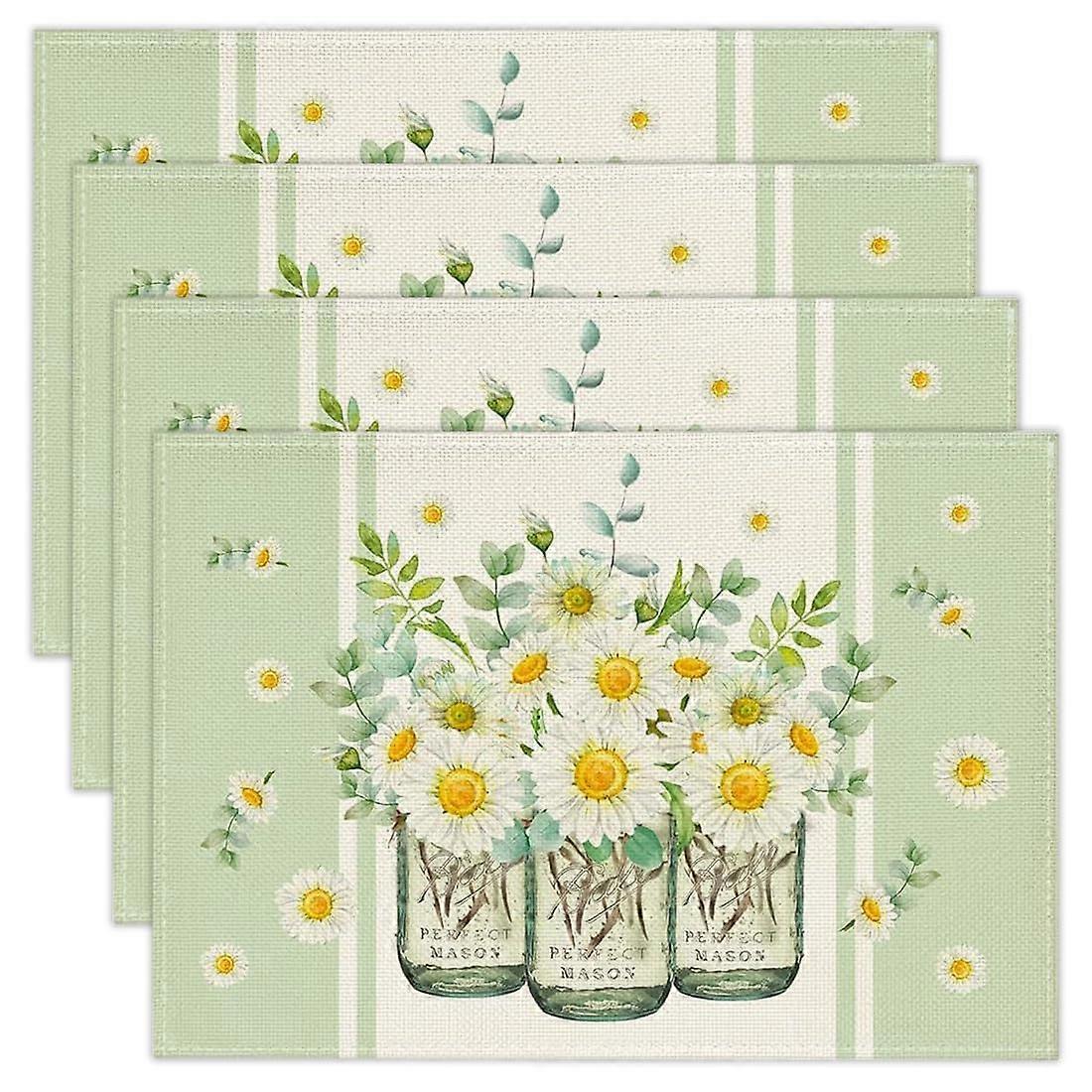 Set of 4 Flower Placemats 30 x 45 cm, Washable Linen Table Mats in Green for Spring Dining, Kitchen, and Parties