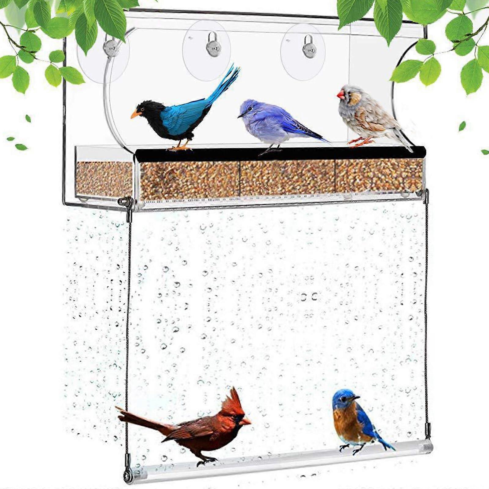 Window Bird Feeder with Transparent Design, Strong Suction Cups, Removable Seed Tray, and Drain Holes for Outdoor Garden Use