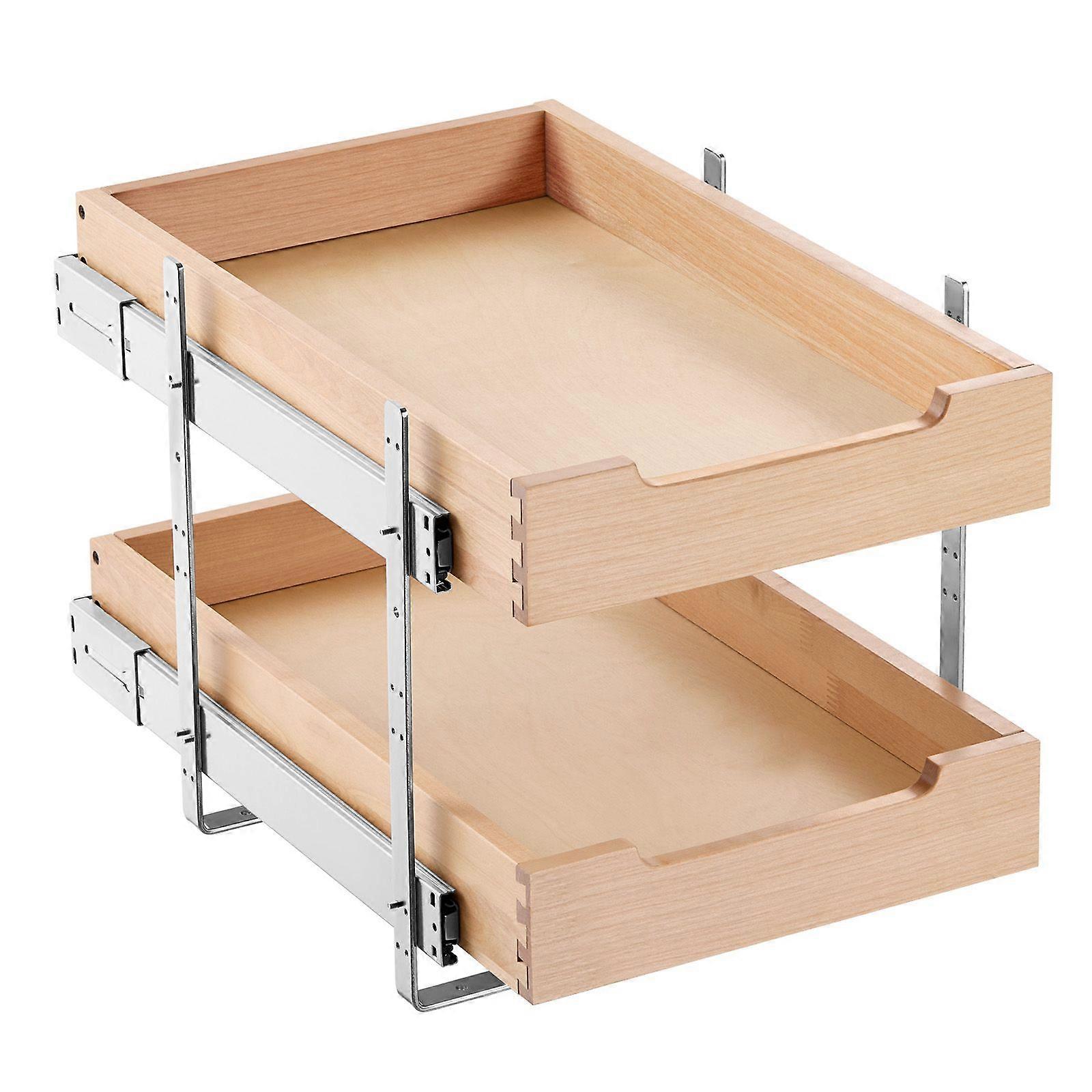 2 Tier Pull Out Cabinet Organizer, 14"W x 21"D Cabinet Drawer, Soft Close Slide out Shelf, Heavy-Duty Sliding Wood Drawer