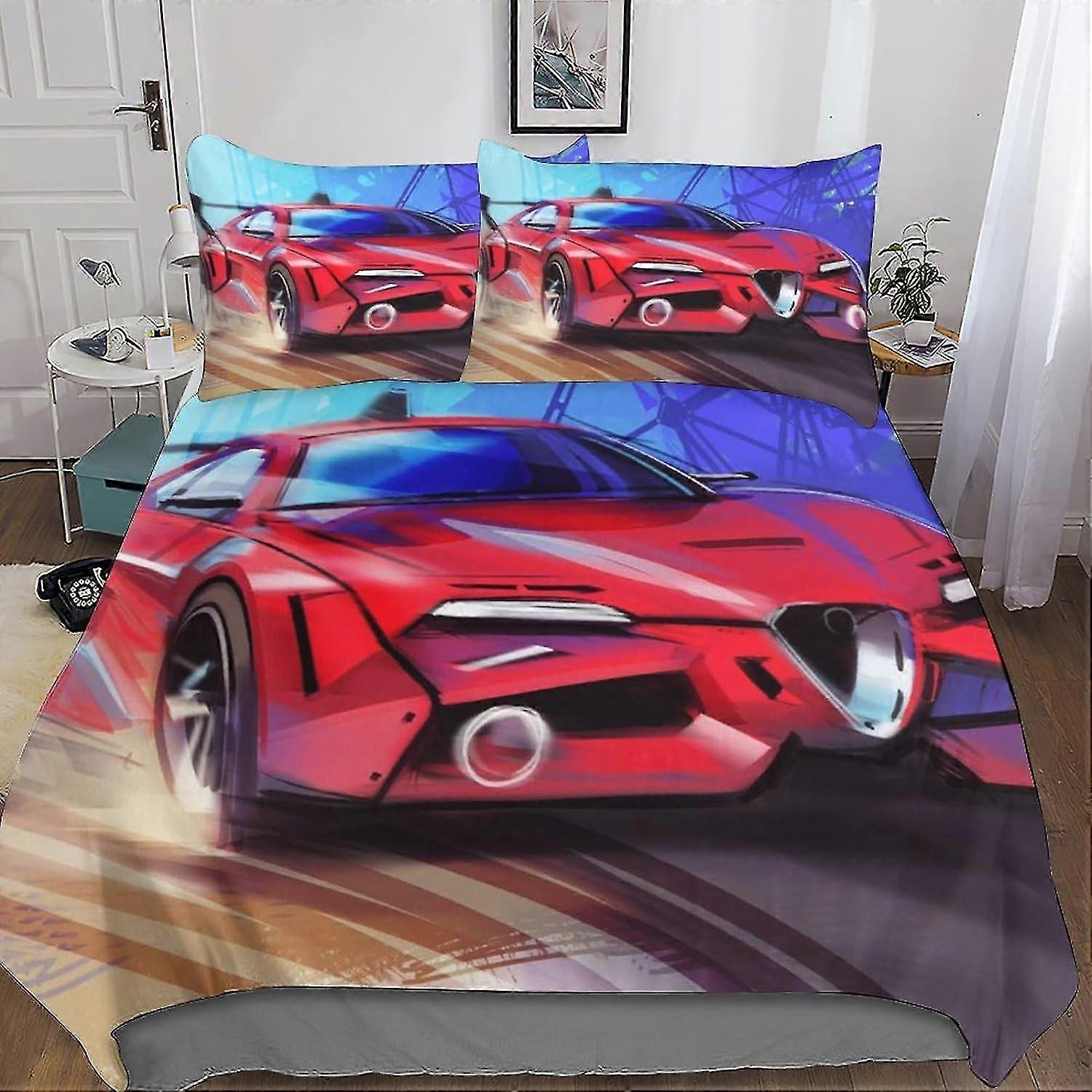Zestawy pościeli 3D Race Car Zestaw poszewek na kołdrę z miękkiej mikrofibry dla dzieci z zapięciem na zamek błyskawiczny, zestaw 3-częściowy