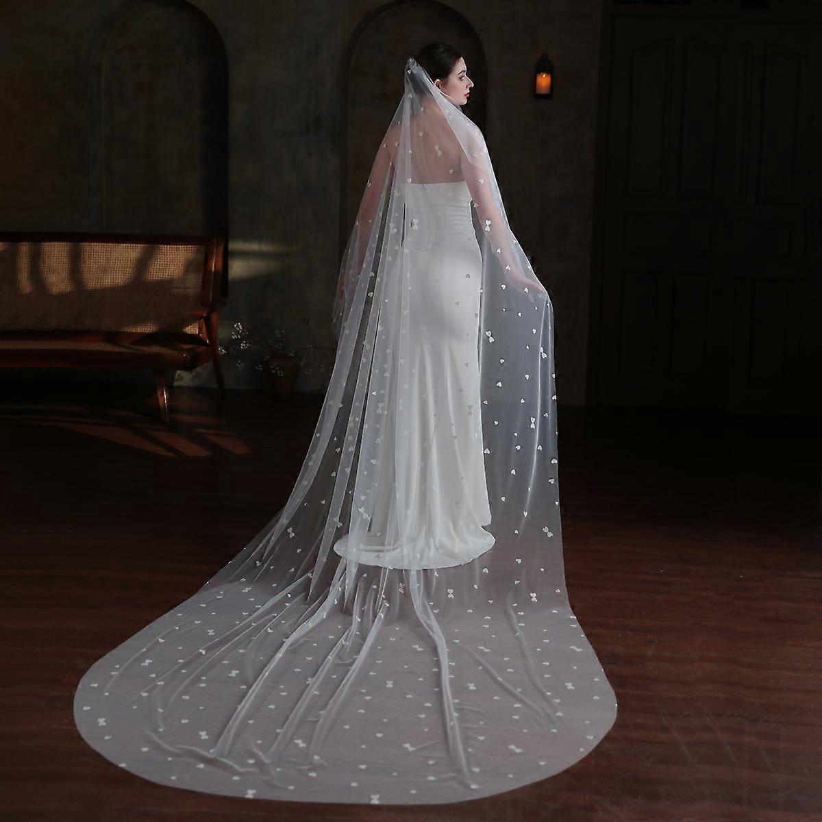 Wedding veil, heart-shaped, single layer, white train, 3 meters long, soft wedding veil
