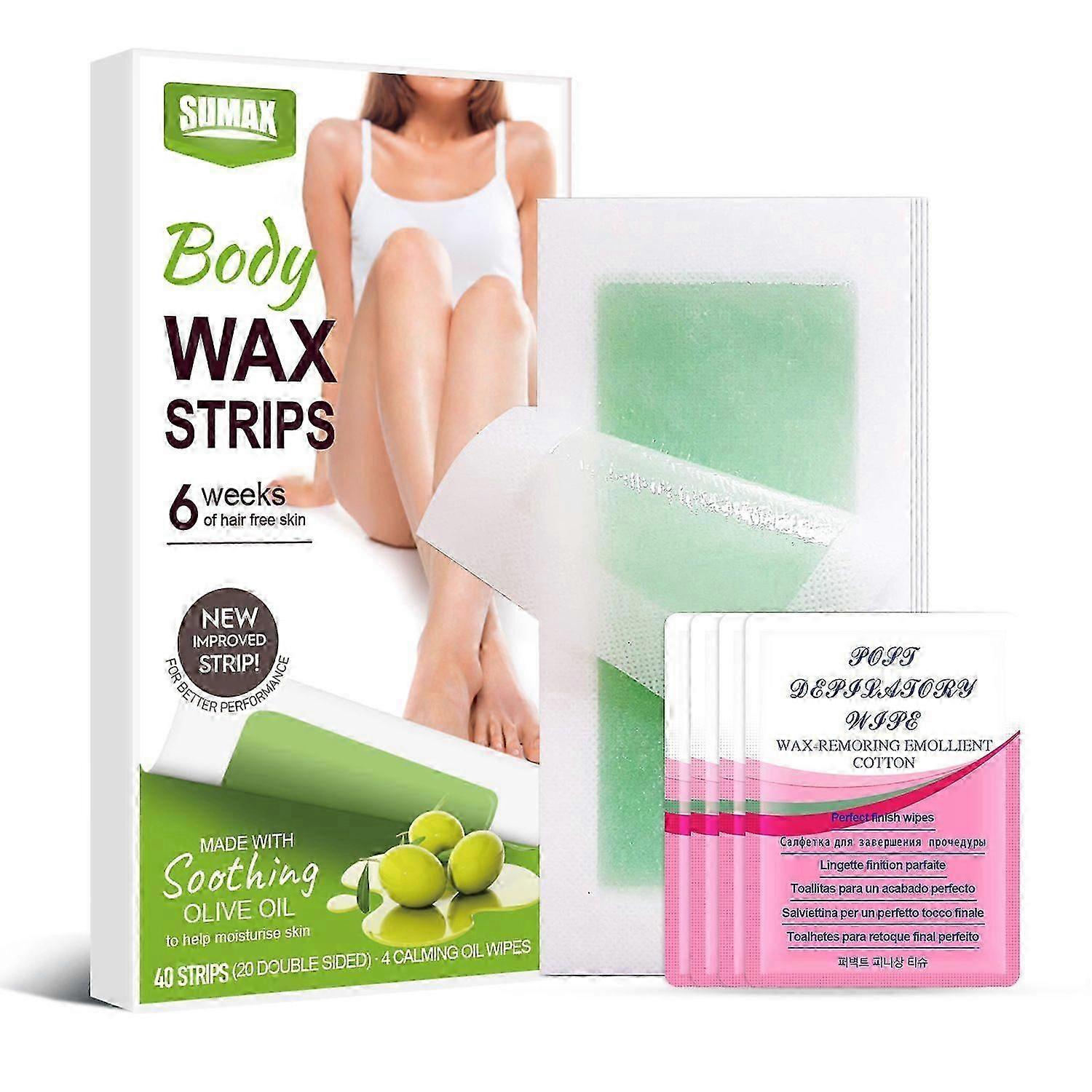 Body Wax Strips with Improved Formula, 40 Strips (20 Double-Sided) for Weeks of Hair-Free Skin, with 4 Calming Wipes