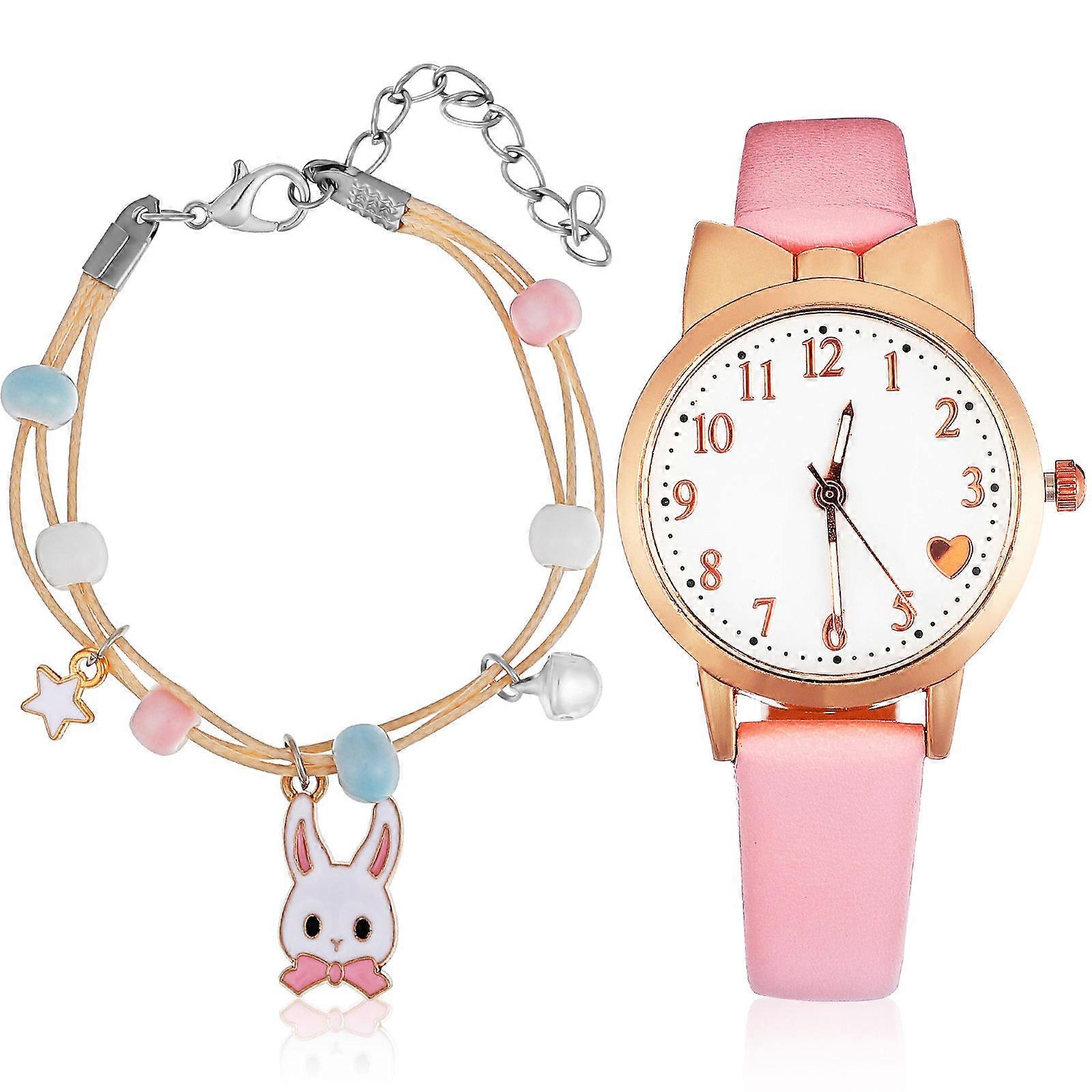 Watches For Kids Girls Simple Style PU Alloy Material Timekeeping Birthday present 2Pcs Set