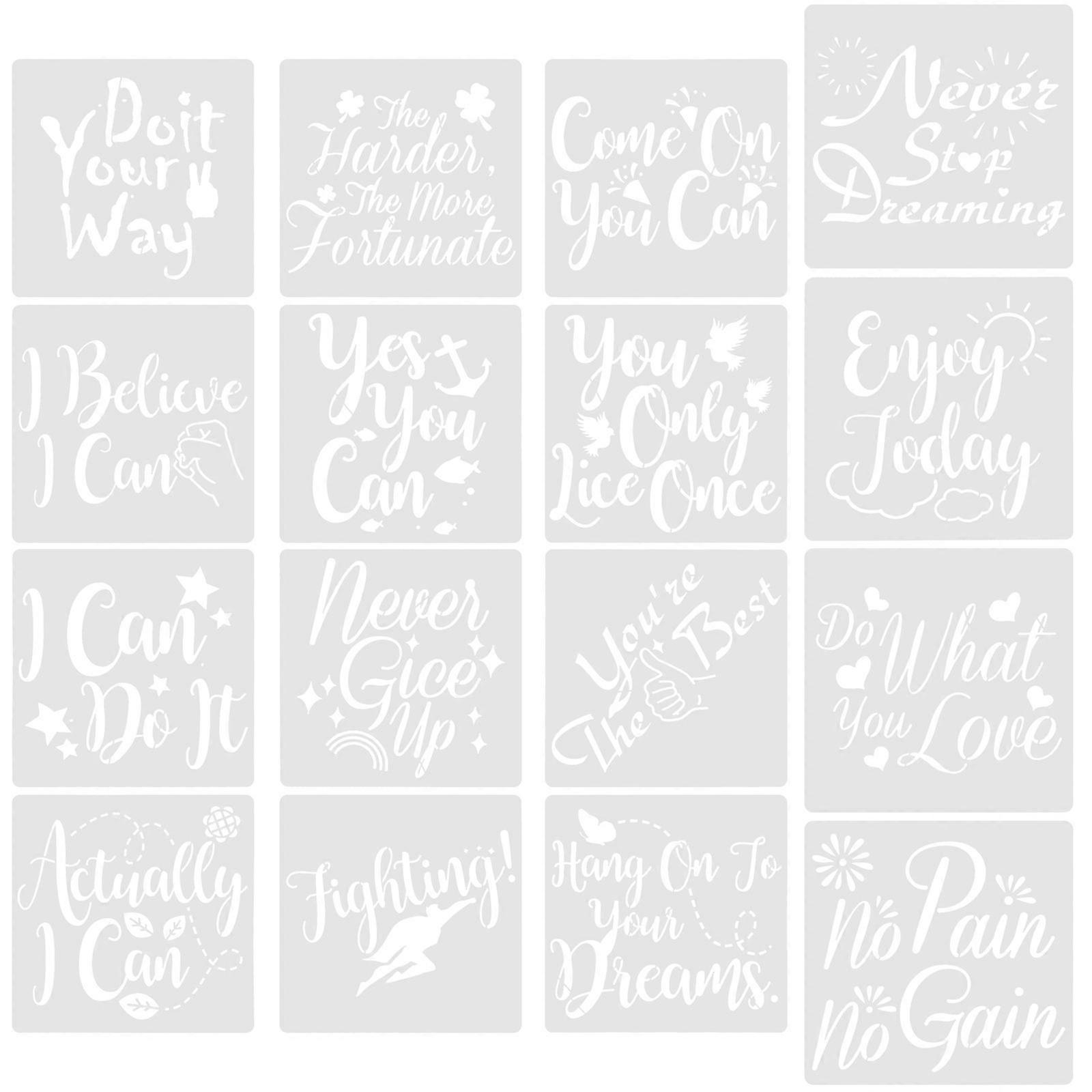 16pcs Multi Function Inspirational Word Stencils – Reusable Craft Templates for DIY Painting, Scrapbooking, Art Decoration, Fabric & More