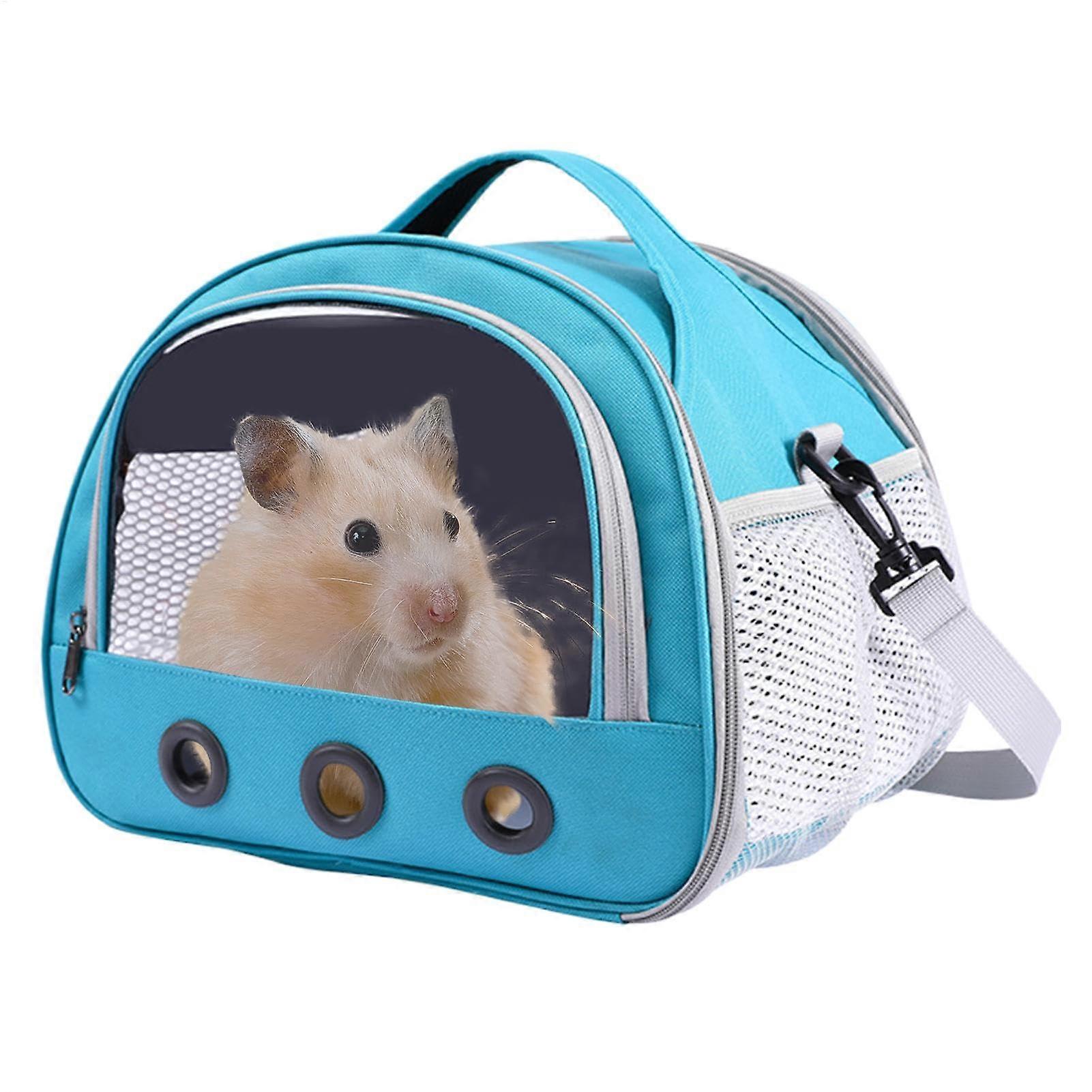 Hamster travel carrier, portable bag for small animals with shoulder strap, blue