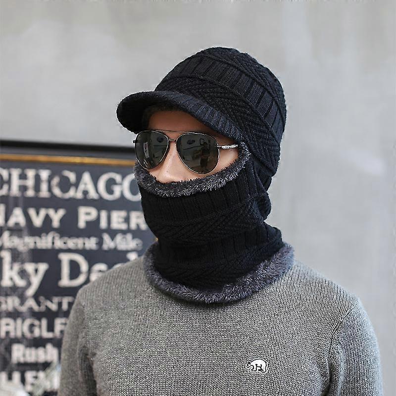 Men's Warm Hat Winter New Fleece-Lined Woolen Hat Scarf Integrated Warm Hat Windproof