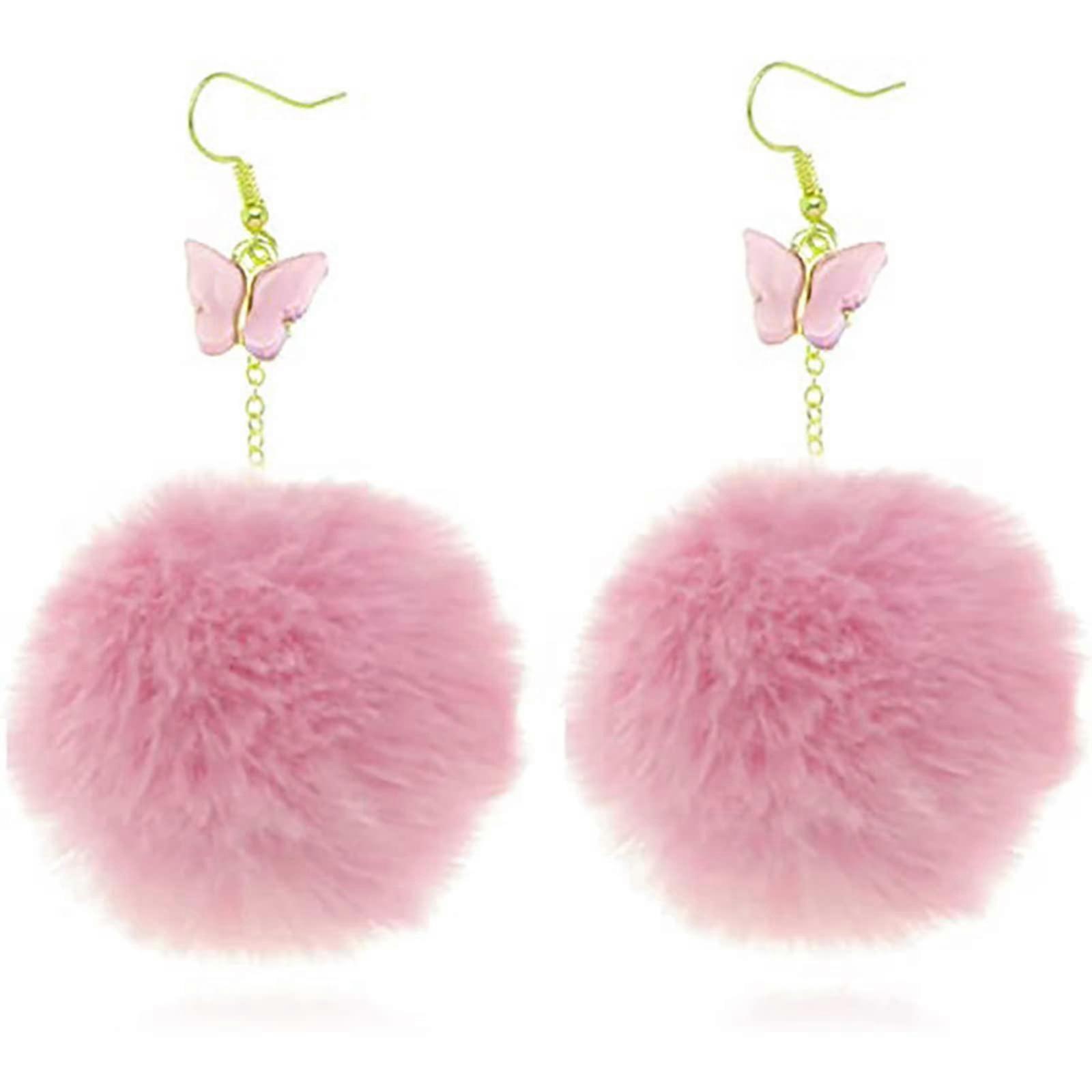 Plush Ball Dangle Earrings, European Fashion, Butterfly Design, Fall Winter Style, Temperament, Soft Material