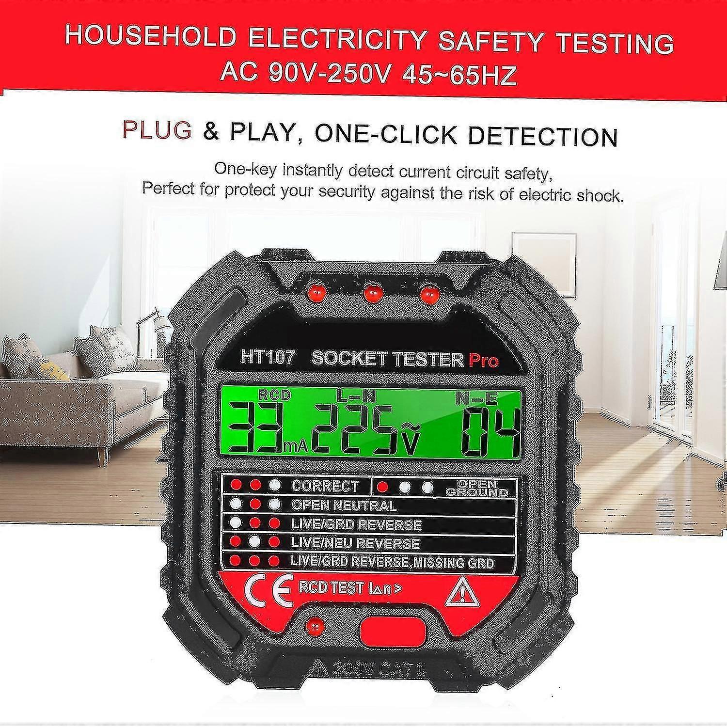 Kkmoon Gfci Outlet Tester With Voltage Display 90-250v Socket Tester Automatic Electric Circuit Polarity Voltage Detector Breaker Finder Ht107d( Size