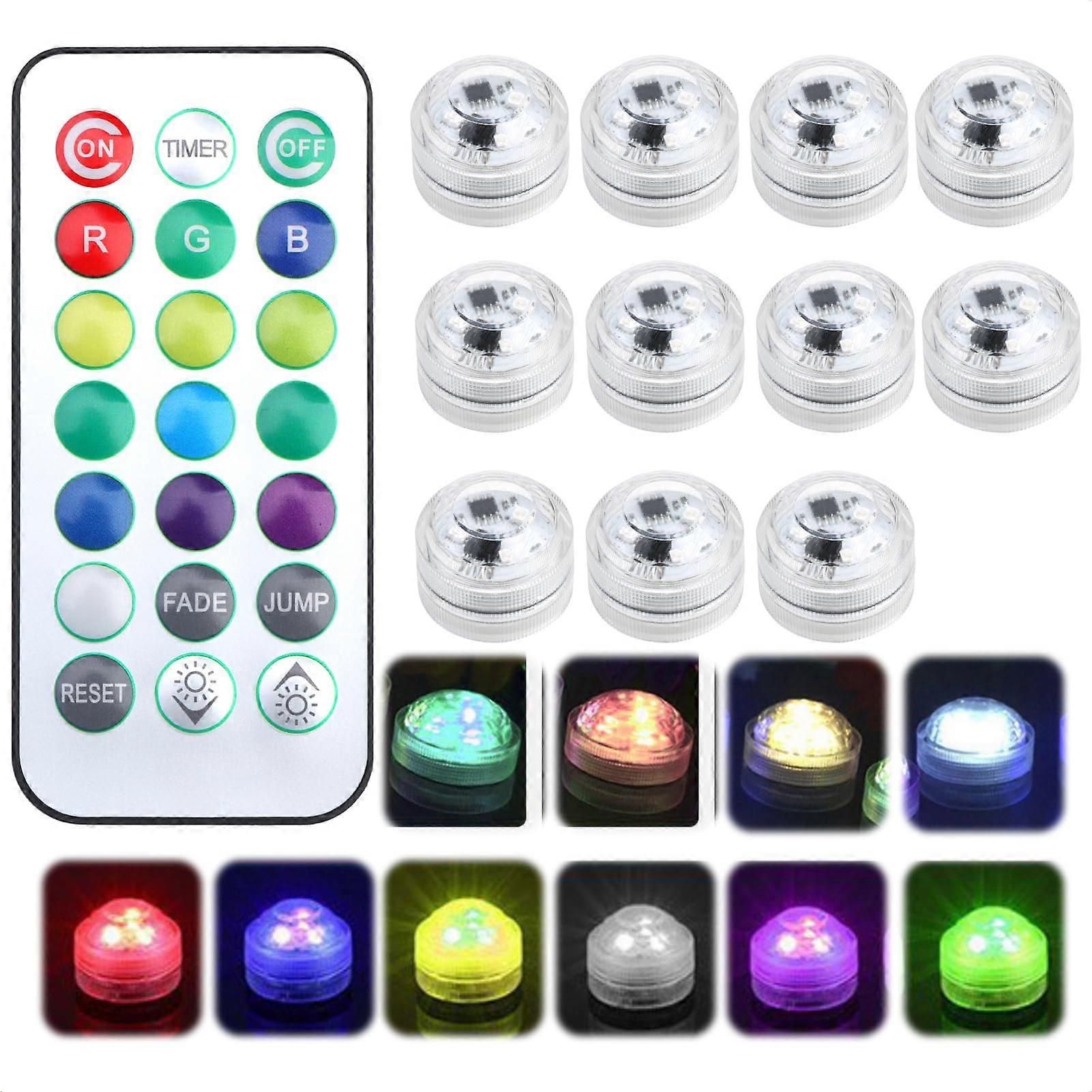 10 Pack Mini Submersible LED Light with Remote, Waterproof Pool Lights