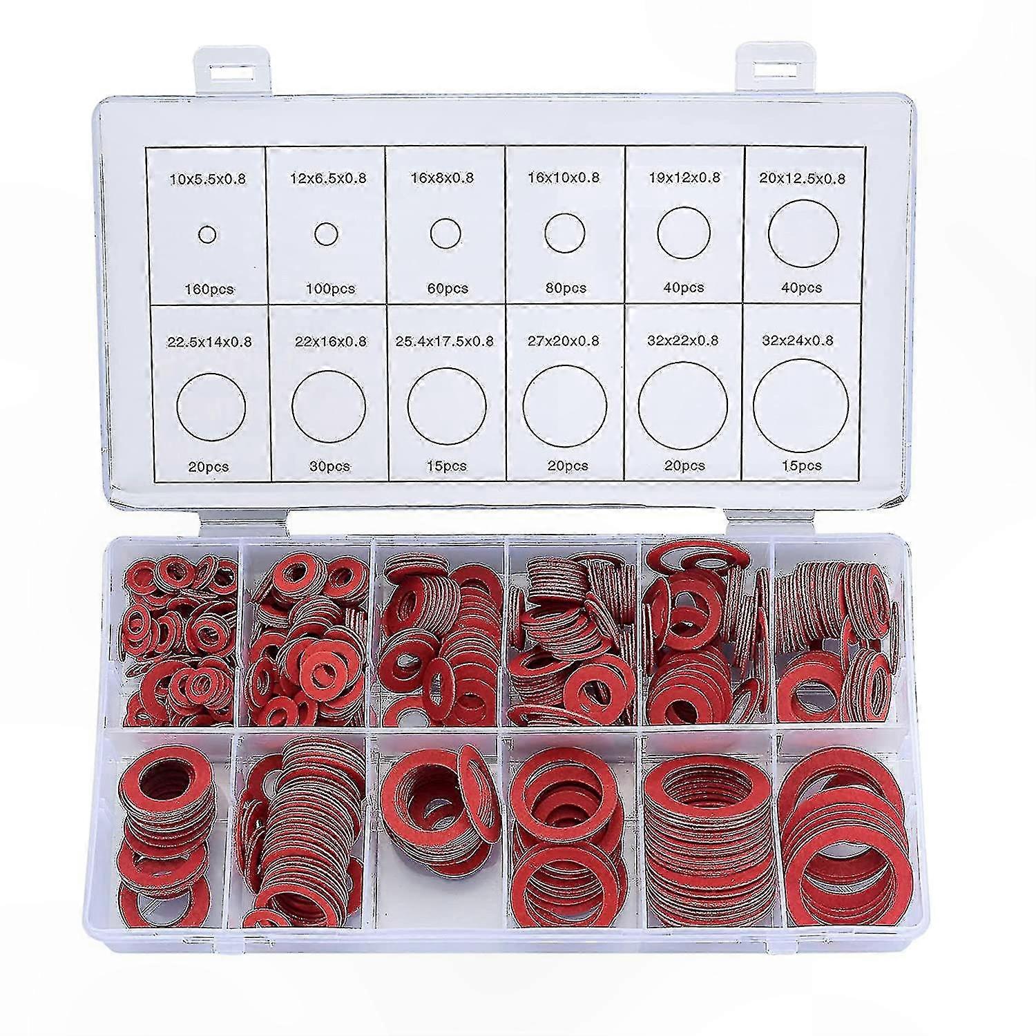 Assorted Fiber Washer Kit - 600 Pieces, 12 Sizes, Red Flat Washers for Sealing and Fastening Projects