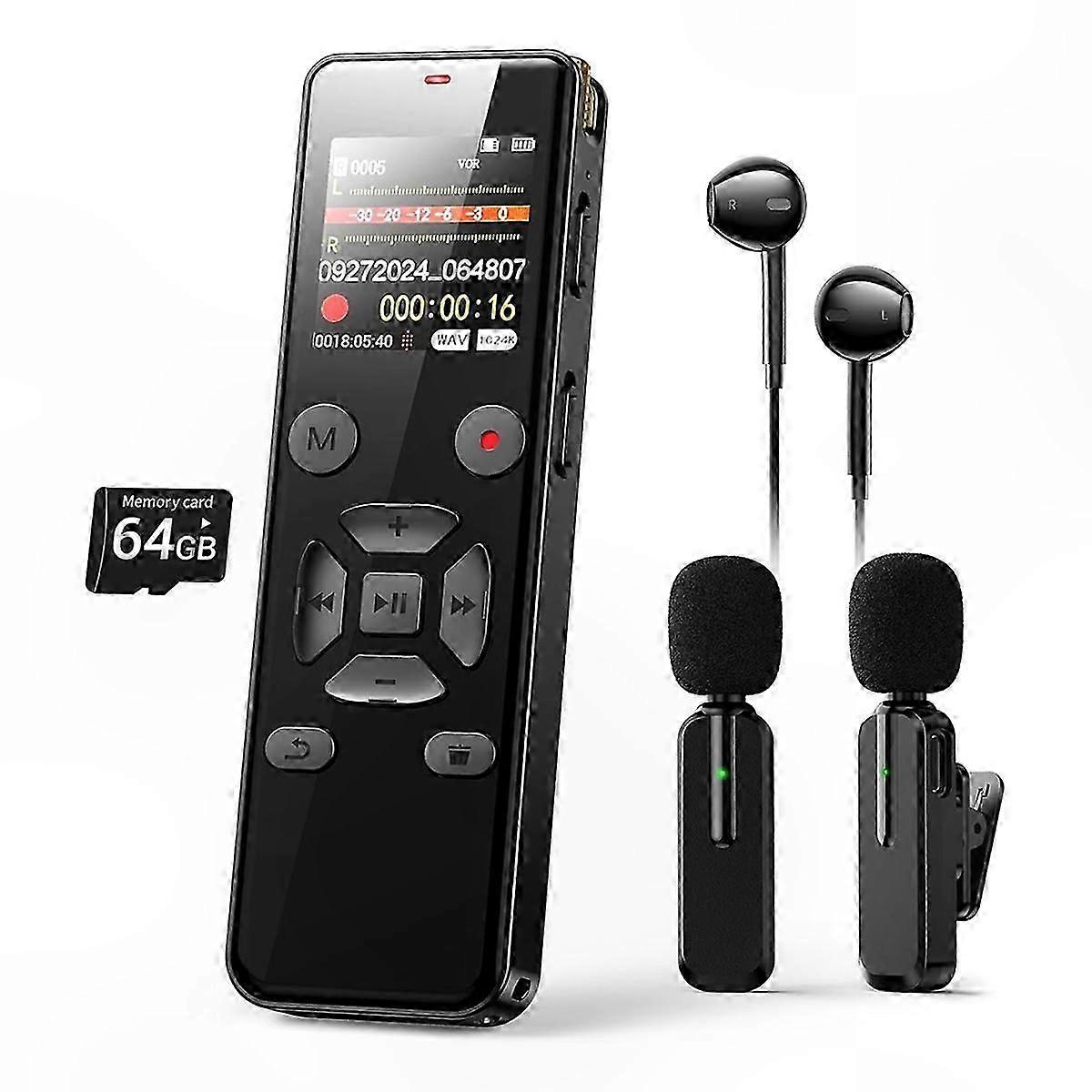 64GB Voice Activated Audio Recorder with Wireless Microphone and Playback Functionality