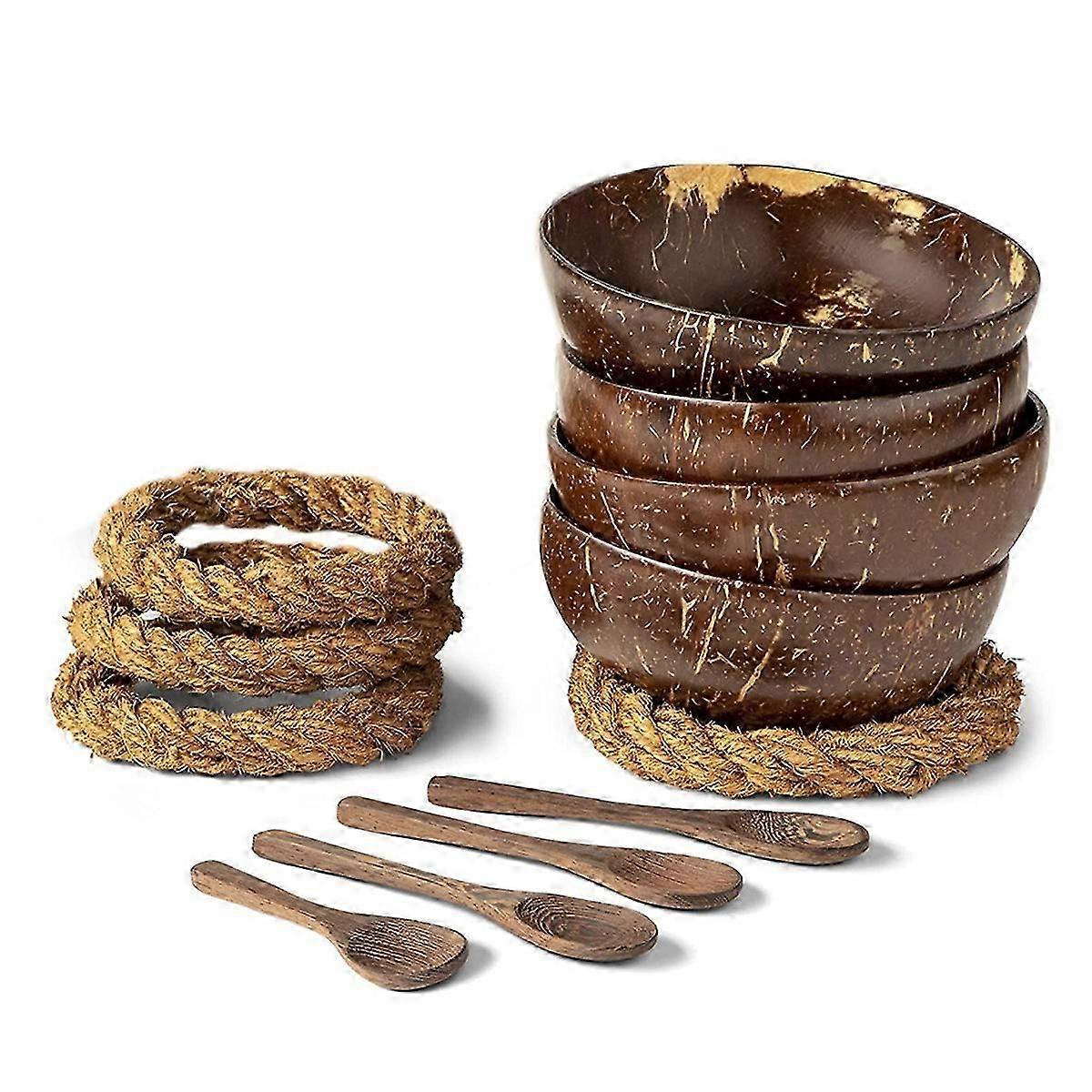 Set of 4 Coconut Shell Bowls + Wooden Spoons & Holders for Salad