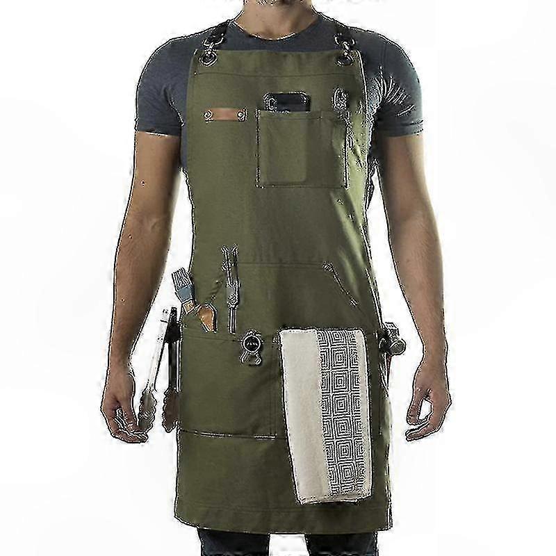 Durable Cotton Canvas Apron with Bottle Opener and Towel, Brass Hardware, Cross Back Straps for Cooking, Grilling, and Work Tasks