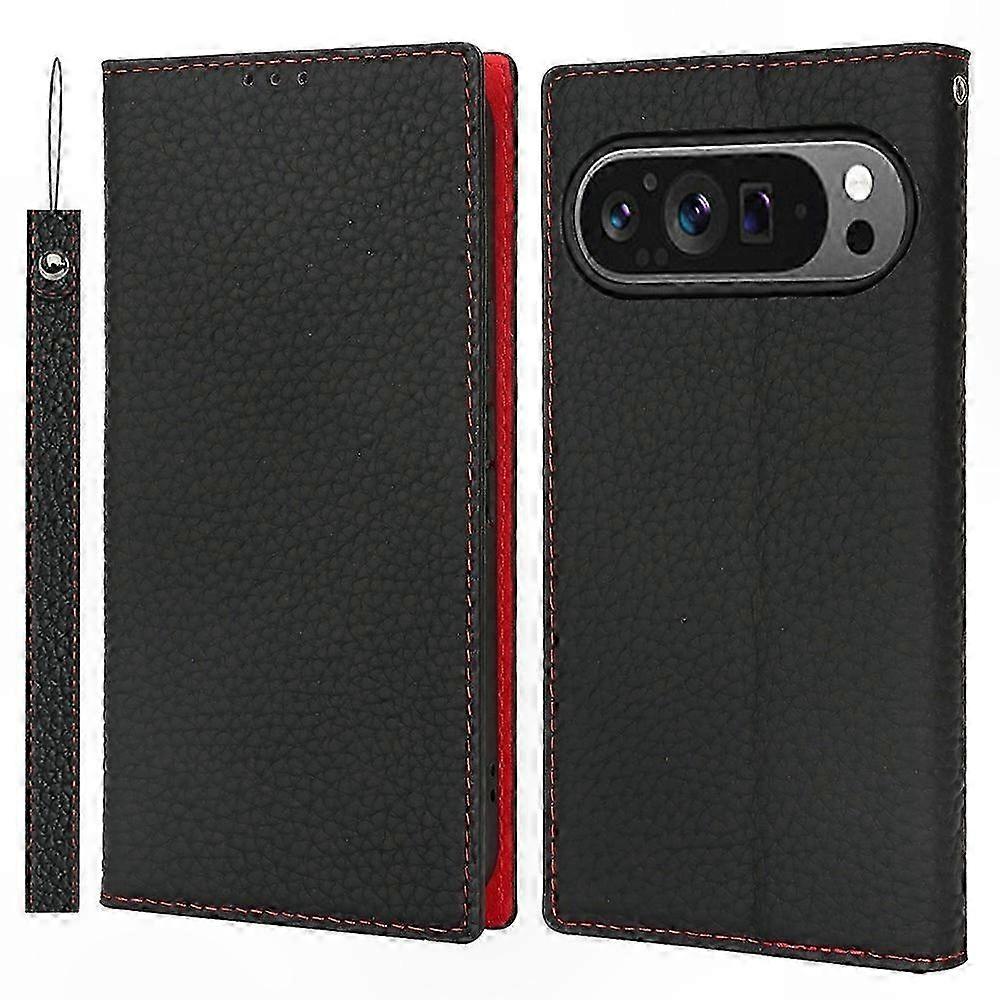 Genuine Cowhide Leather Wallet Case with Litchi Texture for Pixel 10 and 10 Pro Phone Cover