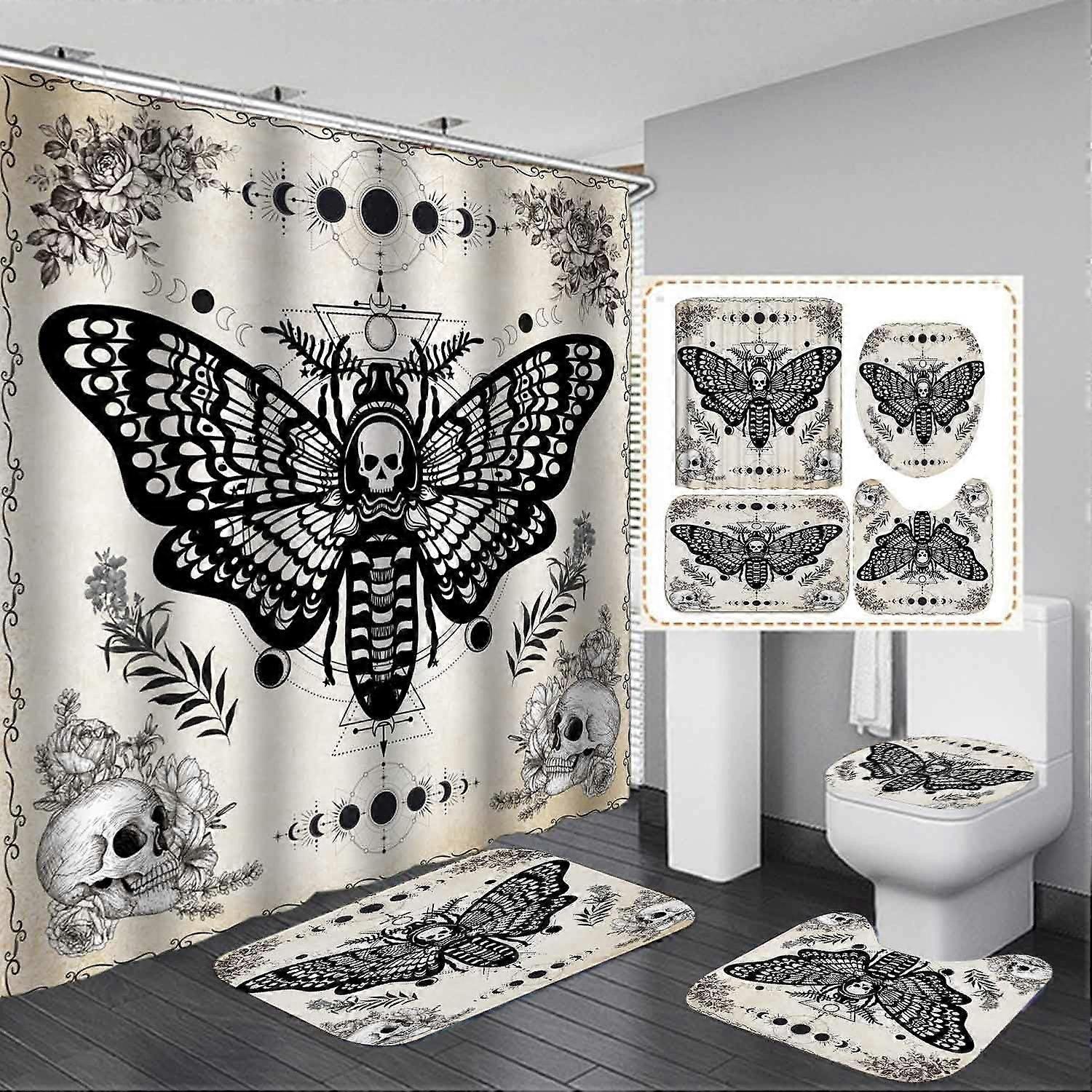 4PCS Skull Shower Curtain Set with Gothic Bathroom Decor, Waterproof Fabric & Non-slip Bath Mat, Compatible with Most Toilets