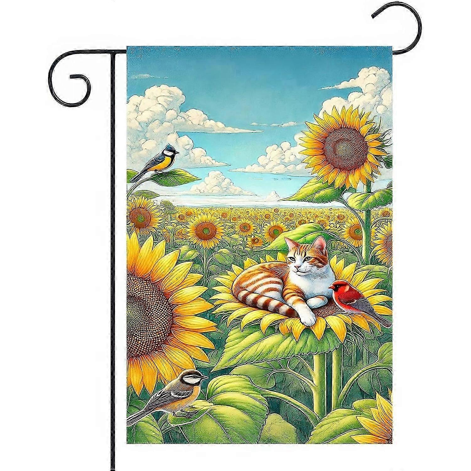 Double - Sided 12x18 Inch Cardinal Cat Sunflower Garden Flag, Spring Summer Yard & Holiday Decor