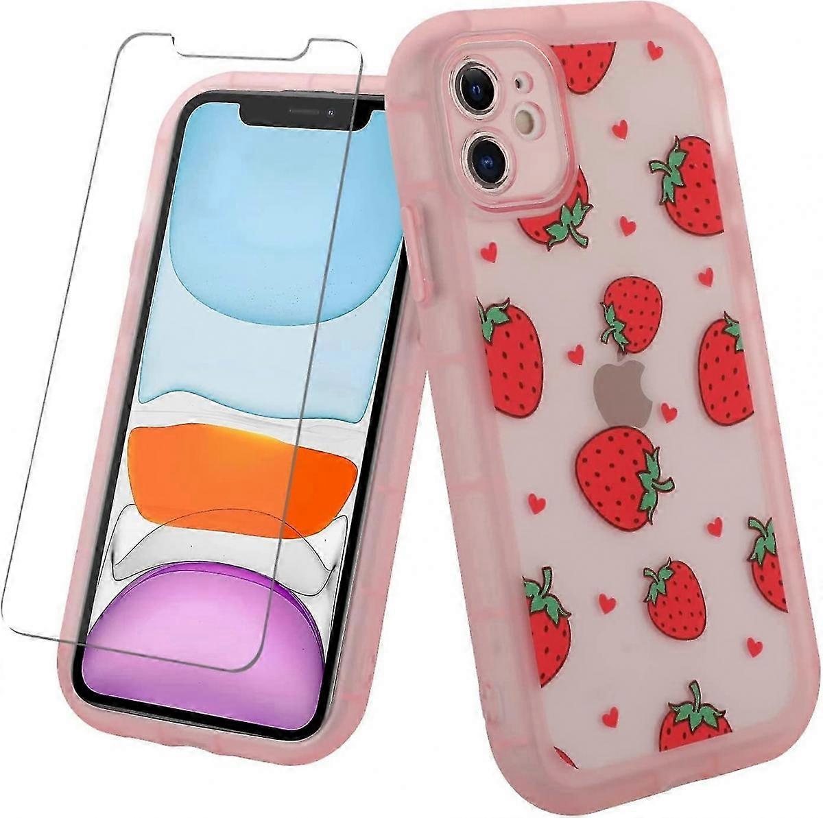 Compatible with iPhone XR Case Pink Strawberry Cute Pattern, Soft TPU Cute Camera Protector iPhone XR Case for Girls Women + 1* Screen Protector, Came