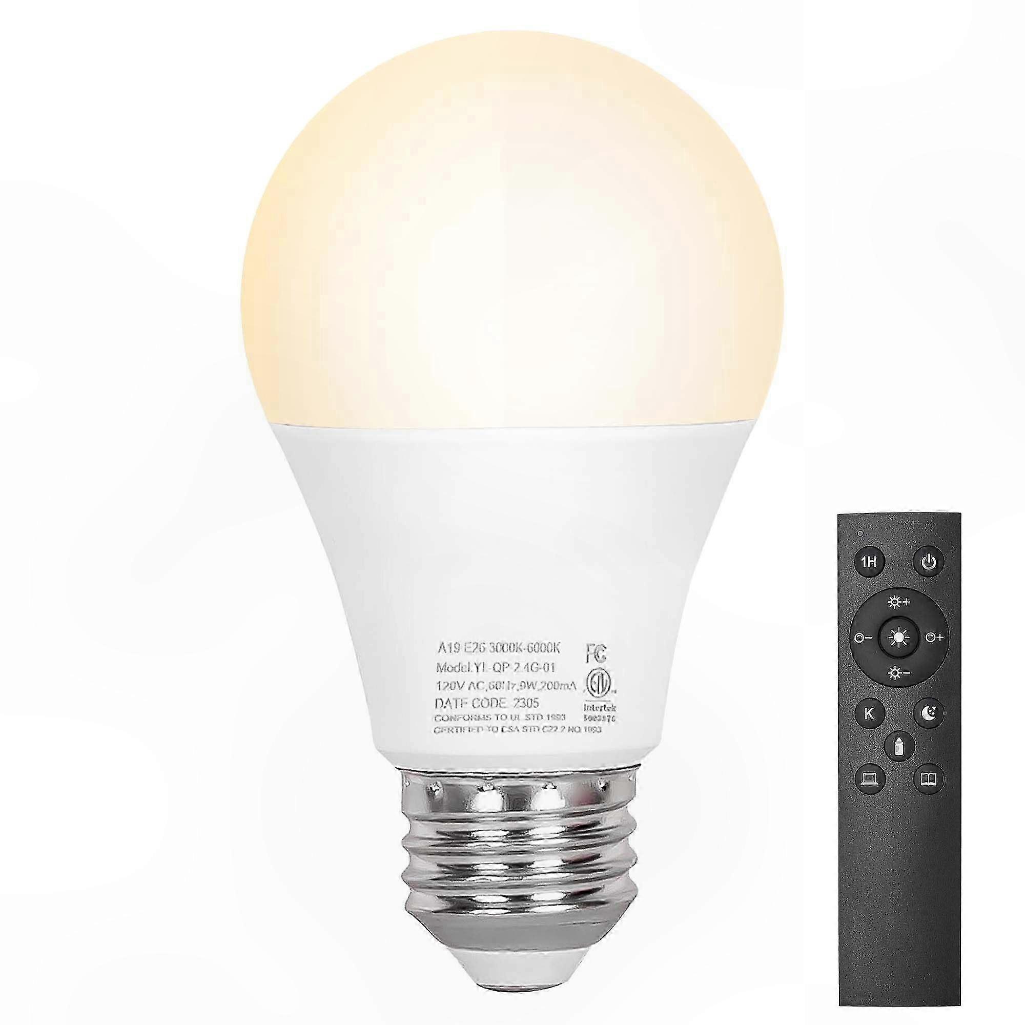 Dimmable A19 LED Bulb, Remote Control, 3000K-6000K Tunable White, E26 Socket, 9W (60W Equivalent), 25000+ Hour Lifespan