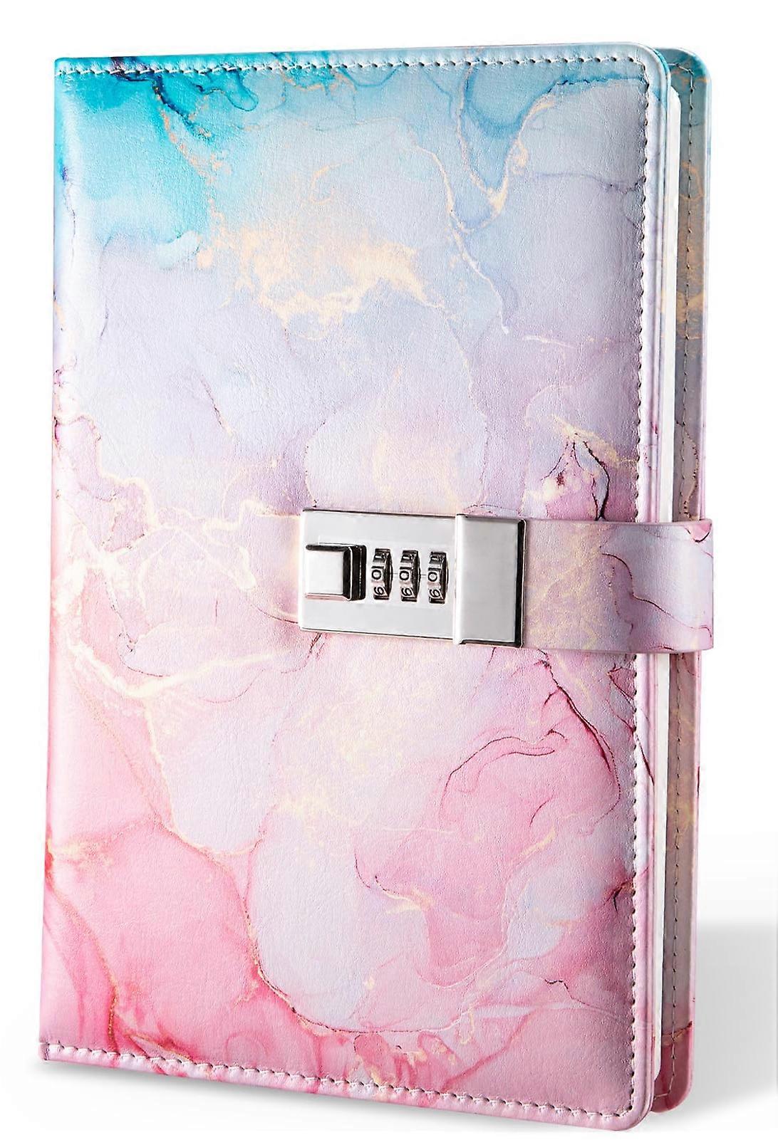 Lockable A5 Diary, Combination Lock Journal Planner Organizer for Men & Women, Office Use, 8.6 x 5.9 in, Colorful Marble Pattern,Pink