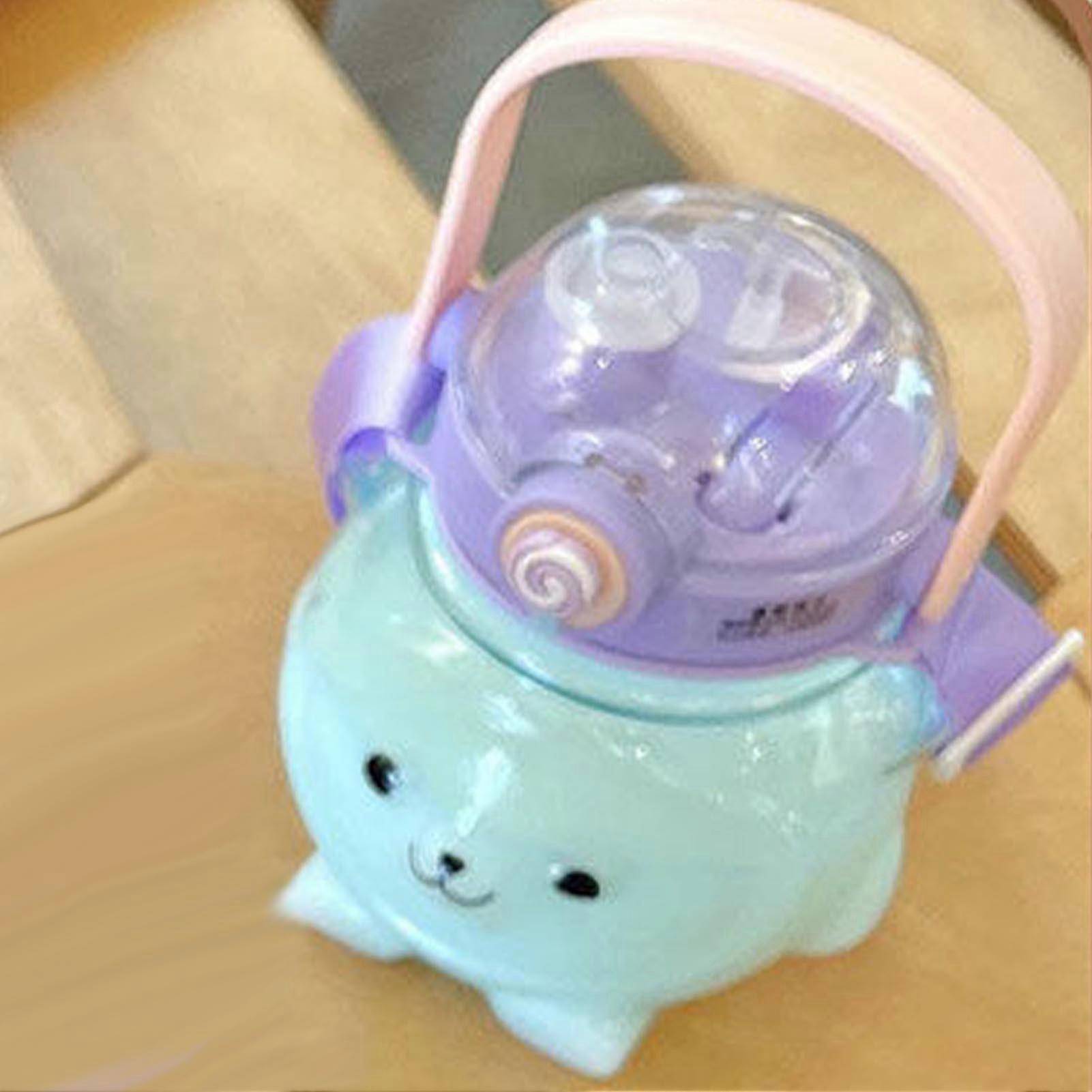 Large Water Bottle 1000ml Cartoon Bear Shape Portable Drinking Bottle with Straw Strap for Summer Purple 