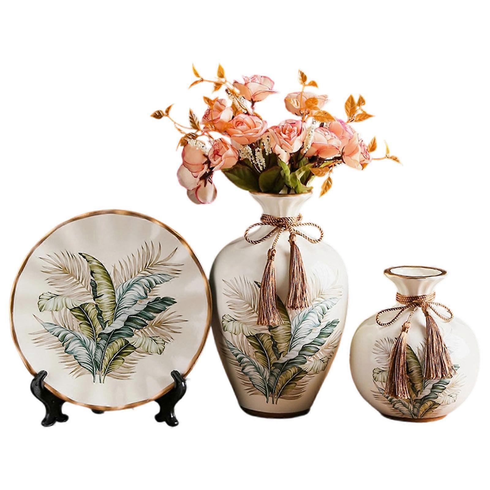 Decorative Ceramic Vases and Round Tray Set of 3 Modern Tabletop Display for Flower Arrangements Housewarmings Gift Multicolor