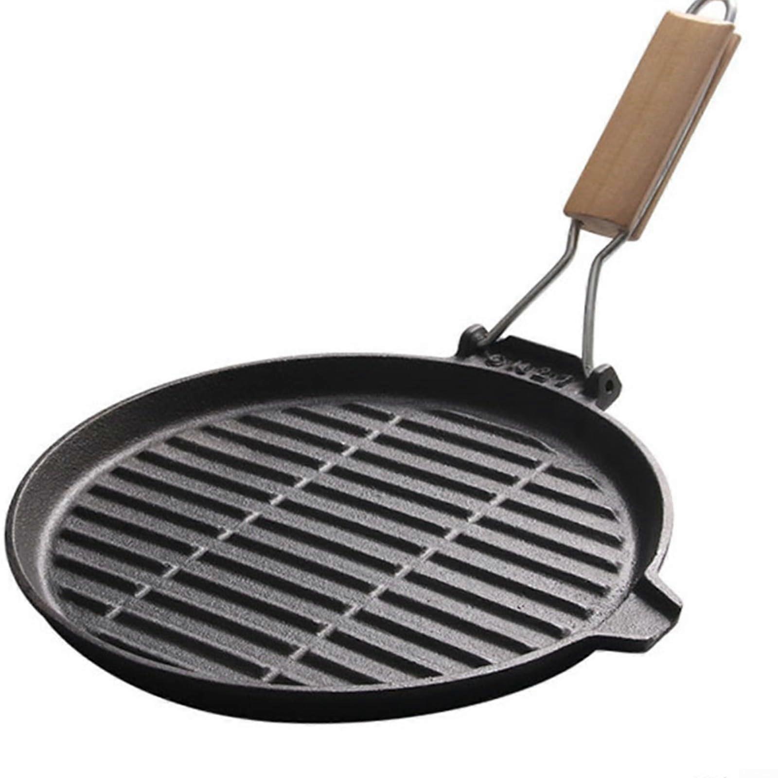 Cast Iron Round Grill Pan Ribbed Surface Foldable Handle Stovetop Campfire Compatible Kitchen BBQ