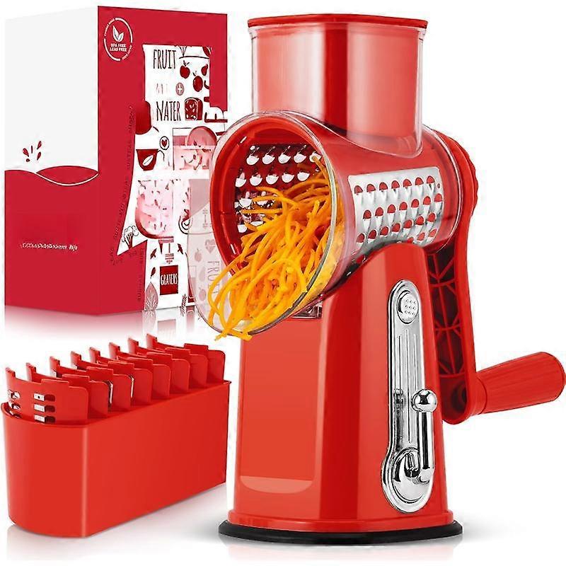 Rotary Cheese Grater with Handle - Vegetable Shredder with 5 Well-designed  &  Suction Base,Round Mandoline Slicer &   for Kitchen,with  Sto