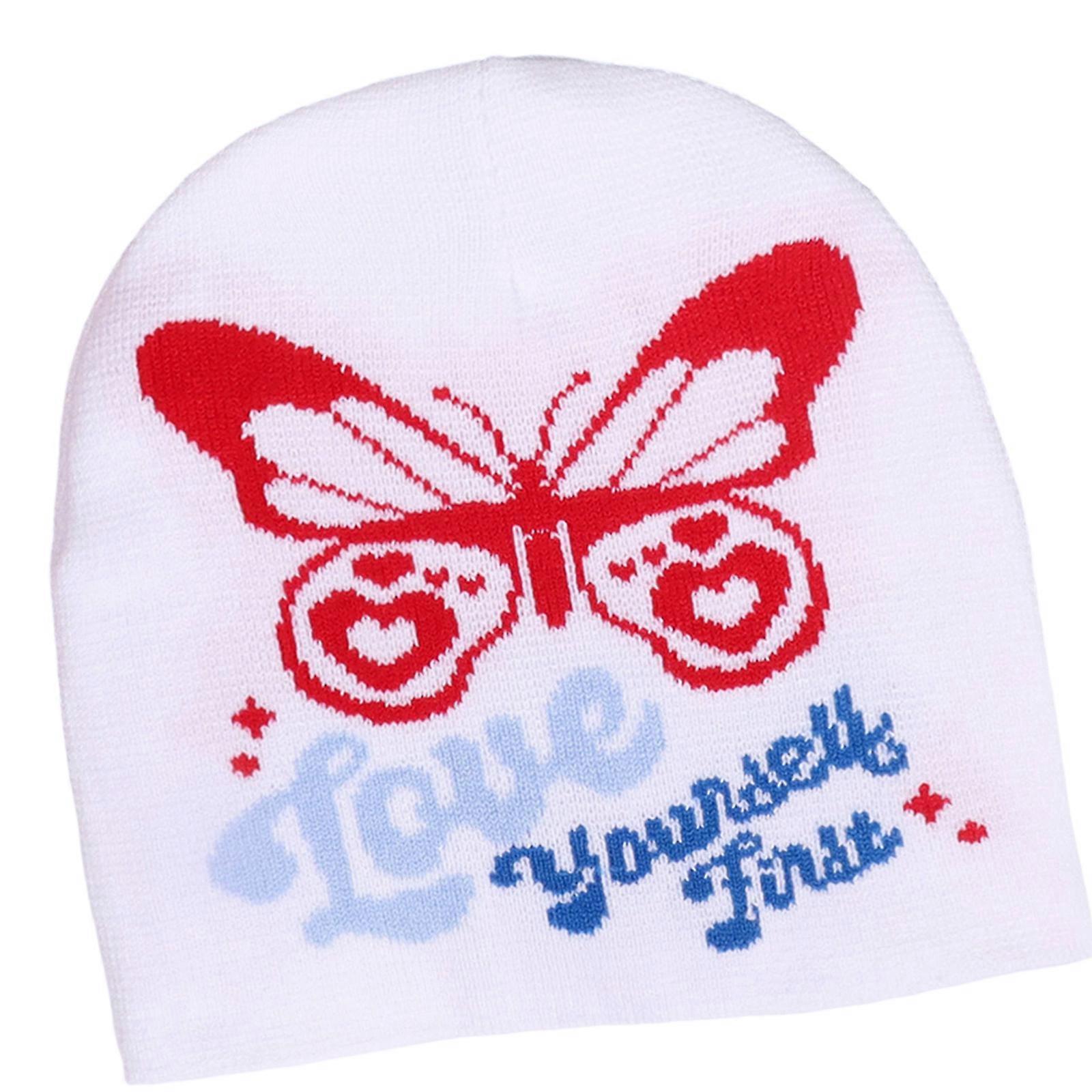 Butterfly Knitted Cap 2000s Nostalgia Design Soft Breathable Comfortable Headwear For Student And Hiphop Dance Event  White and red
