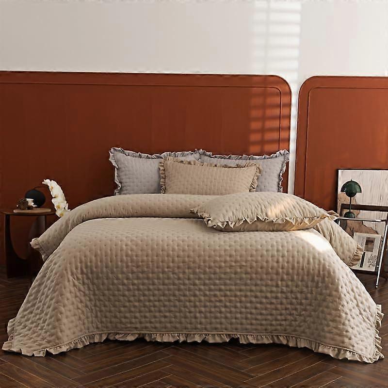 Quilted Bedspread Set with Ruffled Hem – Ultra Soft 3Piece Brown Bedding for Bedroom