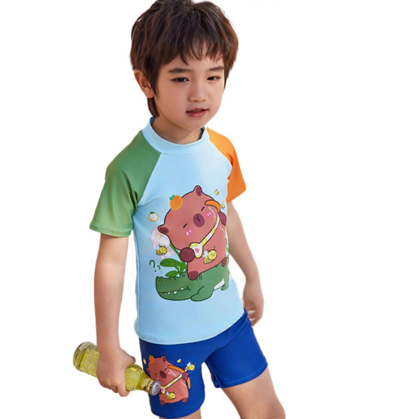 Maillot de bain garçon Dessin animé Animal Maillots de bain Deux pièces Maillot de bain Enfants Maillots de bain à manches courtes Maillots de bain Vêtements de plage Bleu XL