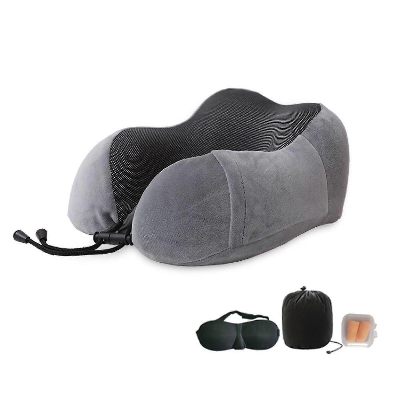 Travel Neck Pillow Memory Foam Ergonomic Support for Airplane Long Flights with Eye Mask Dark Gray
