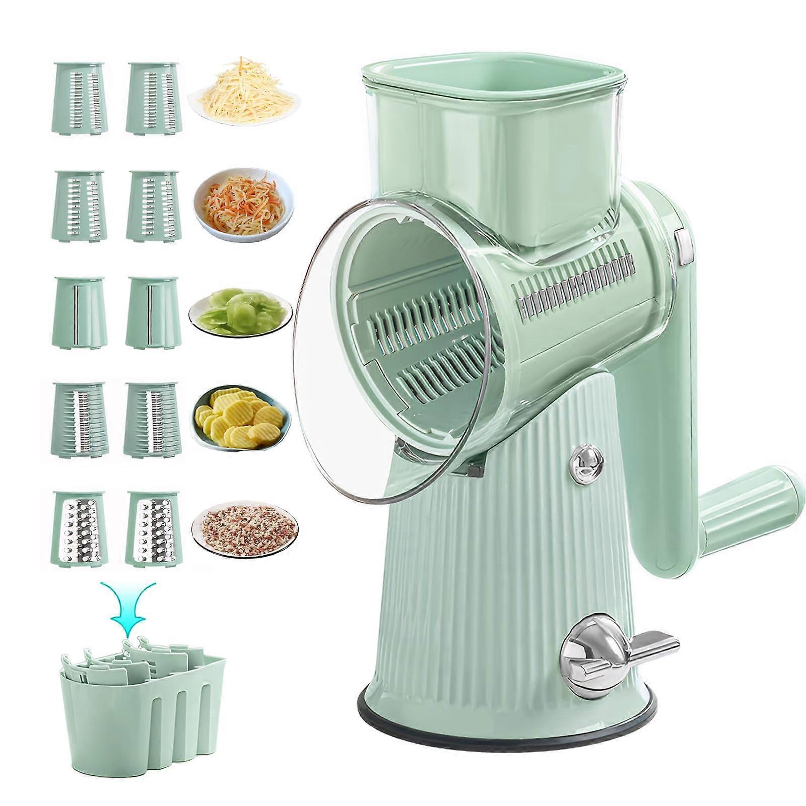 5in1 Rotary Cheese Grater and Vegetable Slicer with Stainless Blades and NonSlip Suction Base