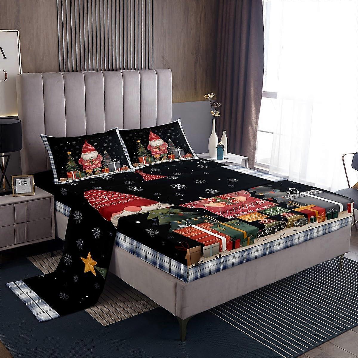 King Size Bed Sheet Set Christmas Gnomes Design, Soft Microfiber, 16Inch Deep Pocket, 4 Piece