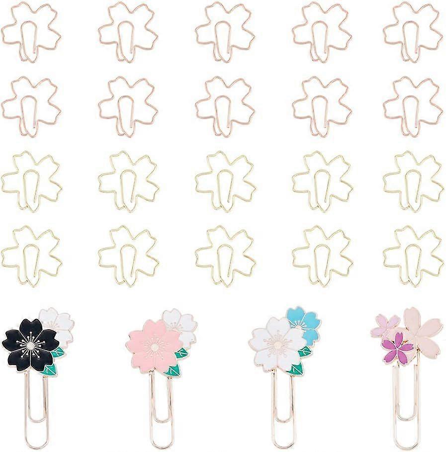4 Style Sakura Alloy Enamel Bookmarks Clips with 24Pcs Sakura Frame Iron Paperclips Cherry Blossom Cute Flower for Document Organizing